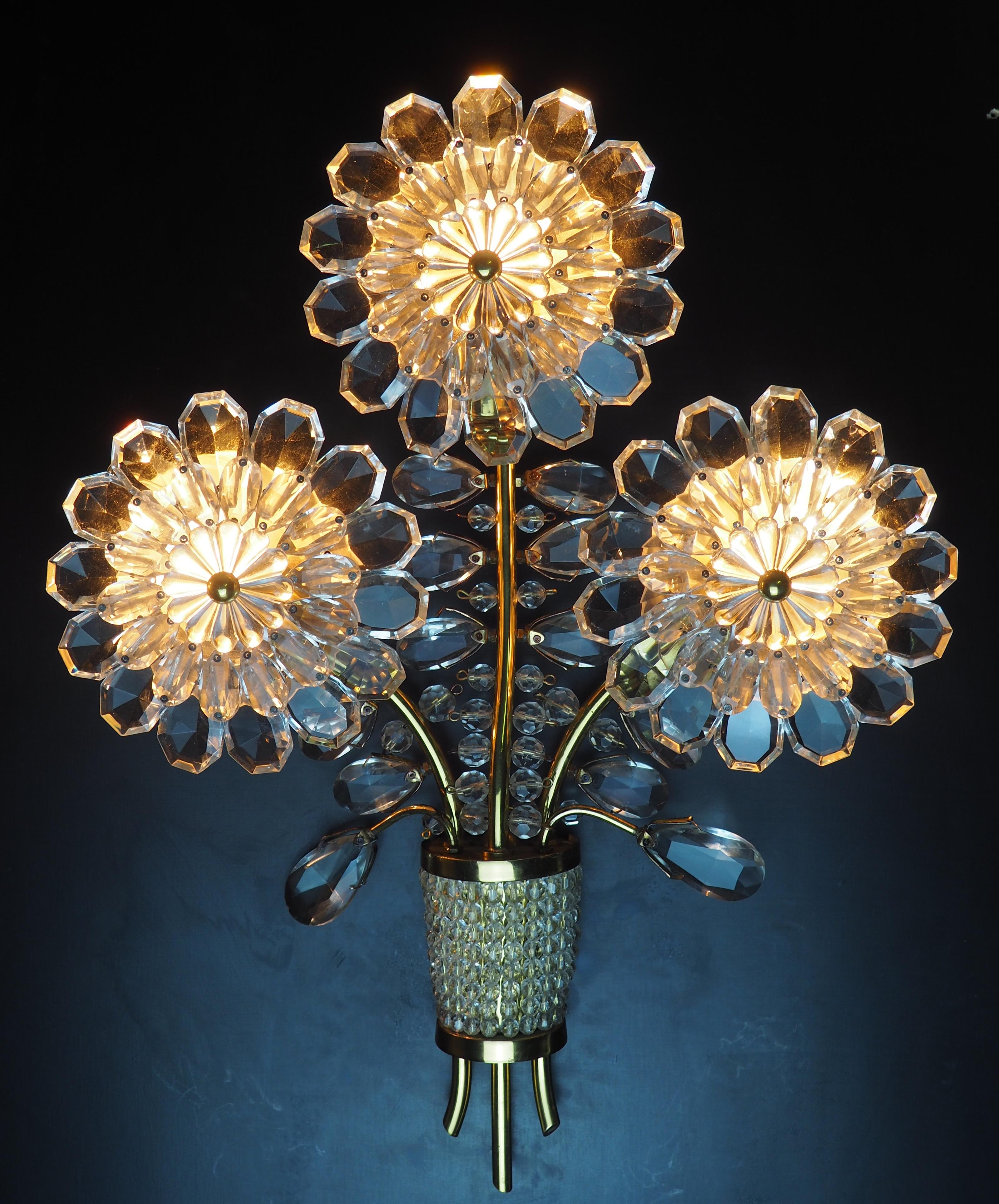 Mid-20th Century Pair of Glass and Brass Flower Wall Sconces, Attributed to Lobmeyr, circa 1950s