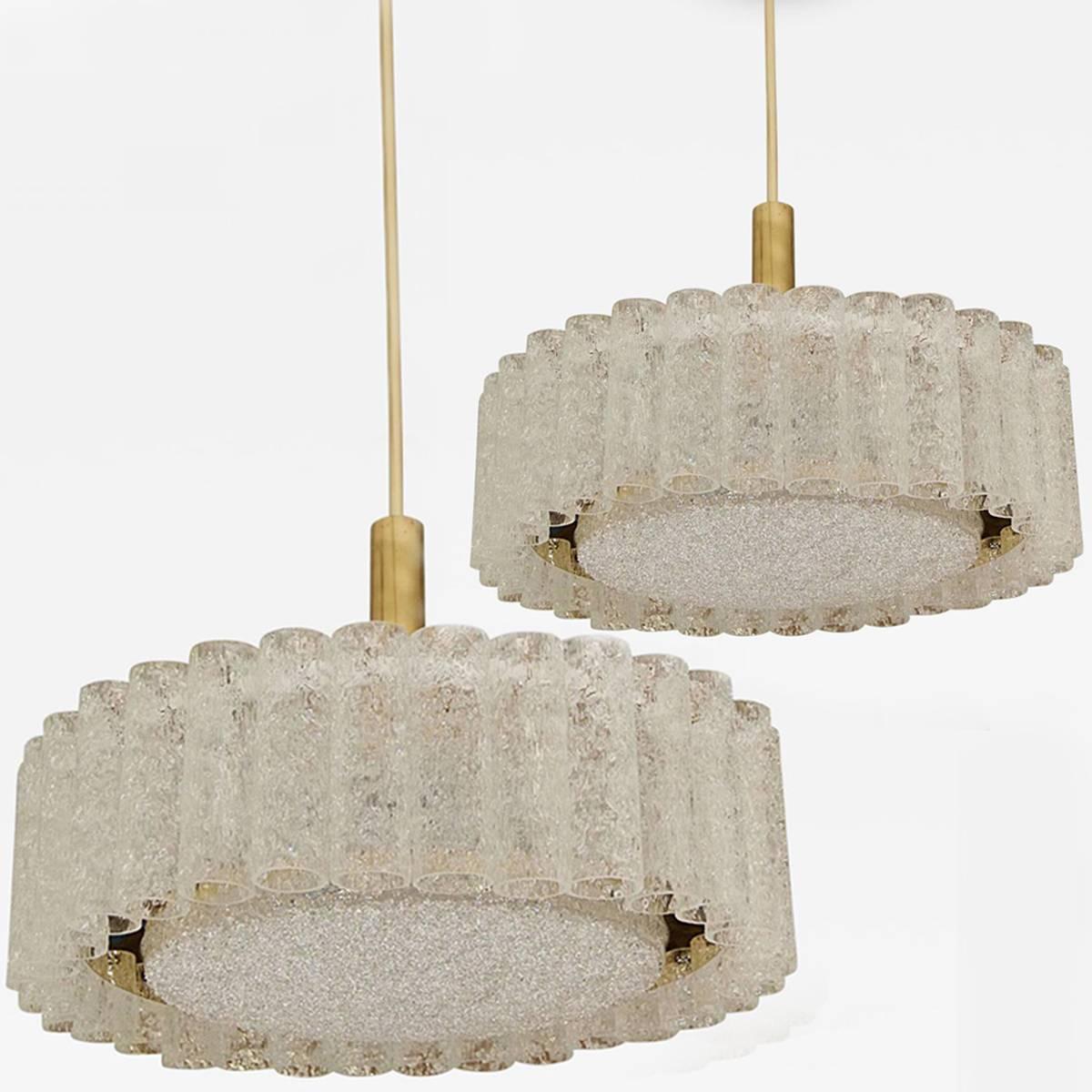 Pair of Glass and Brass Flush Mount Chandeliers by Doria, 1960 For Sale 3