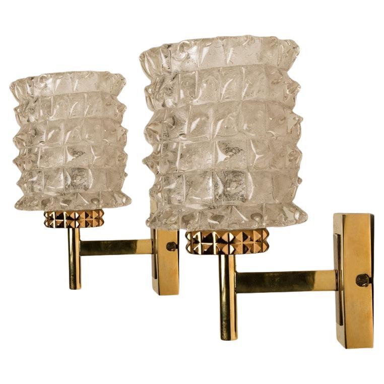 Pair of Glass and Brass Glass Wall Light Fixtures, 1970s
