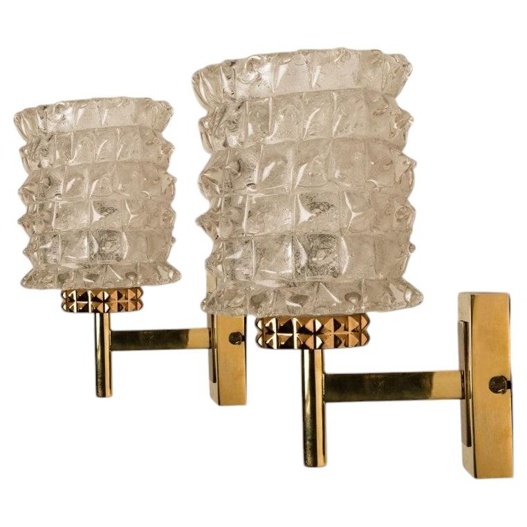 Pair of Glass and Brass Glass Wall Light Fixtures, 1970s