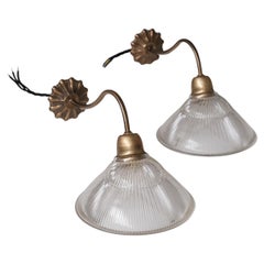 Pair of Glass and Brass Holophane Style Midcentury Wall Lights