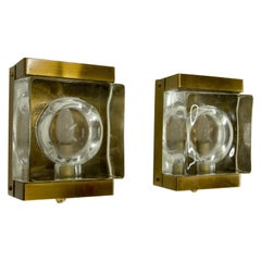 Vintage Pair of Glass and Brass Maritim Wall Lamps by Vitrika