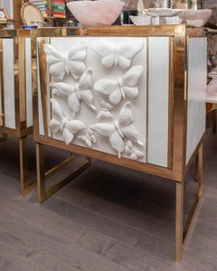 Pair of Glass and Brass Nightstands with Midcentury Butterfly Porcelain Panels