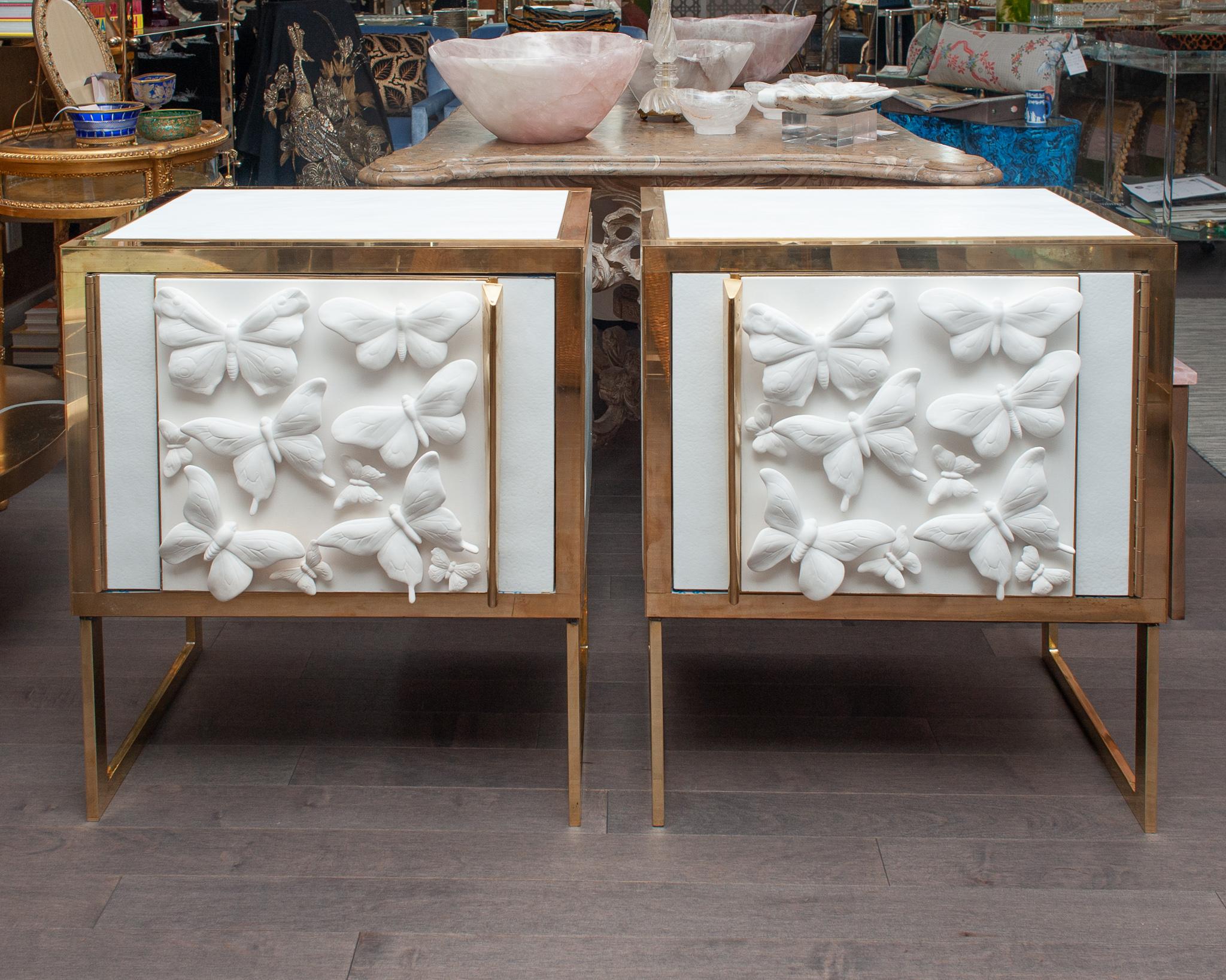 Hand-Crafted Pair of Glass and Brass Nightstands with Midcentury Butterfly Porcelain Panels