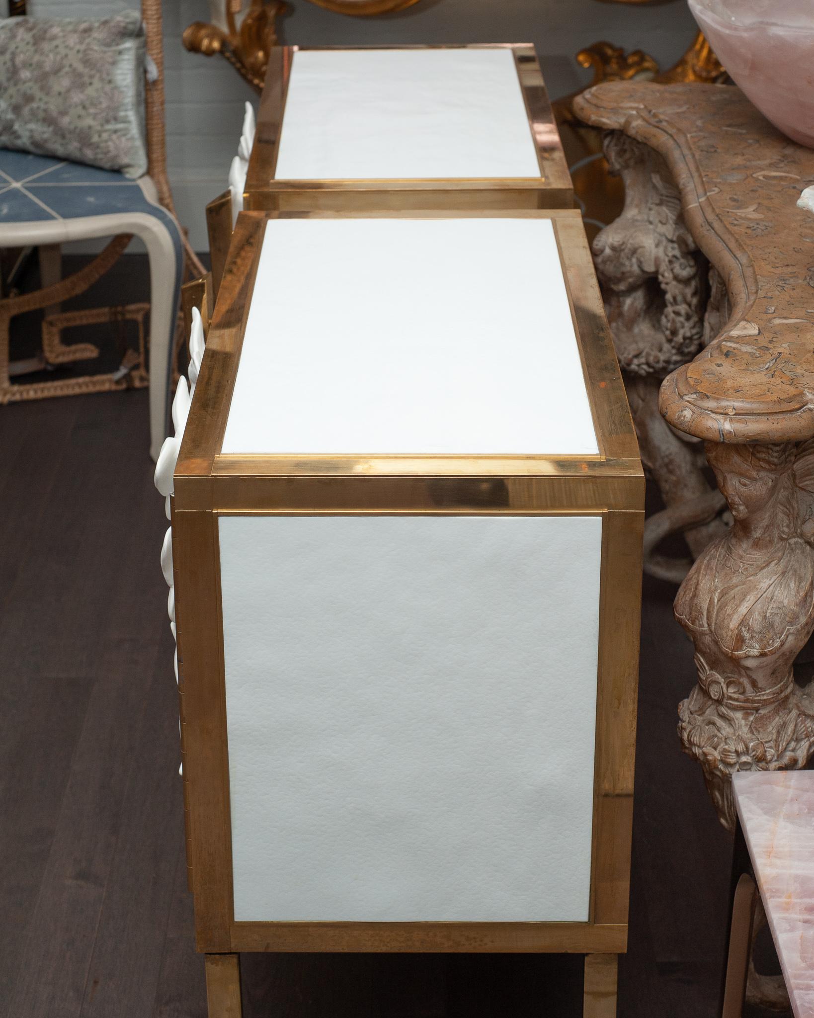Pair of Glass and Brass Nightstands with Midcentury Butterfly Porcelain Panels In New Condition In Toronto, ON