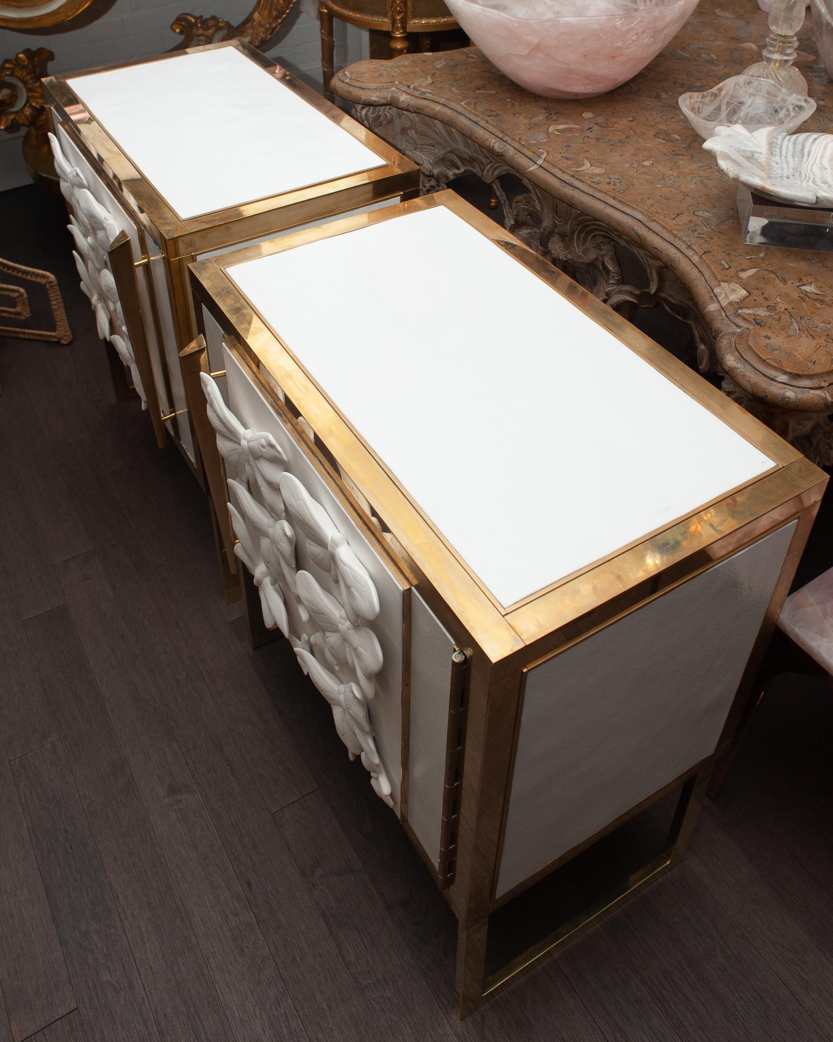 Contemporary Pair of Glass and Brass Nightstands with Midcentury Butterfly Porcelain Panels