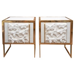 Pair of Glass and Brass Nightstands with Midcentury Butterfly Porcelain Panels