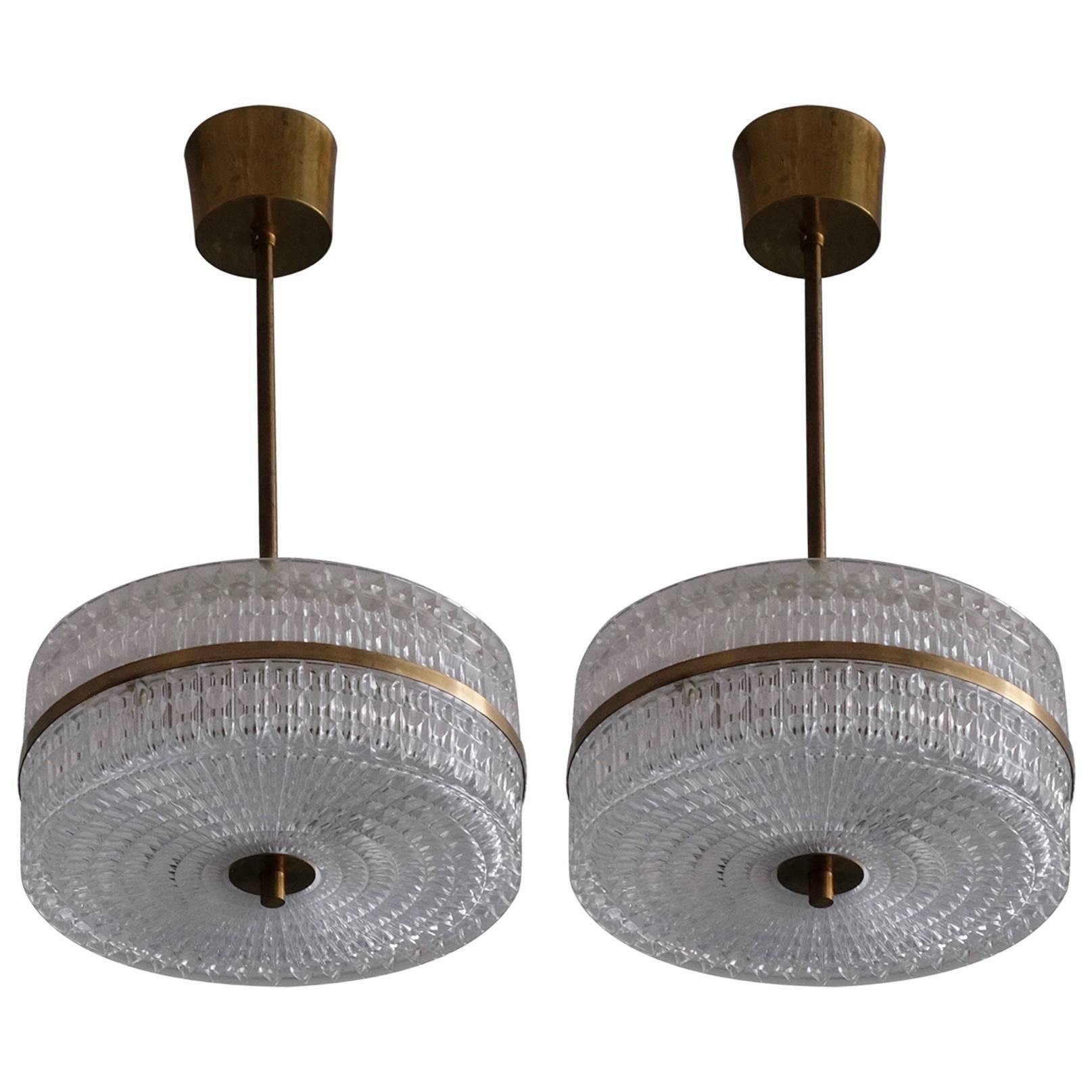Pair of Glass and Brass Pendants, Sweden, 1960s