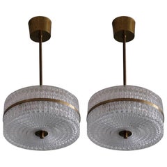 Vintage Pair of Glass and Brass Pendants, Sweden, 1960s