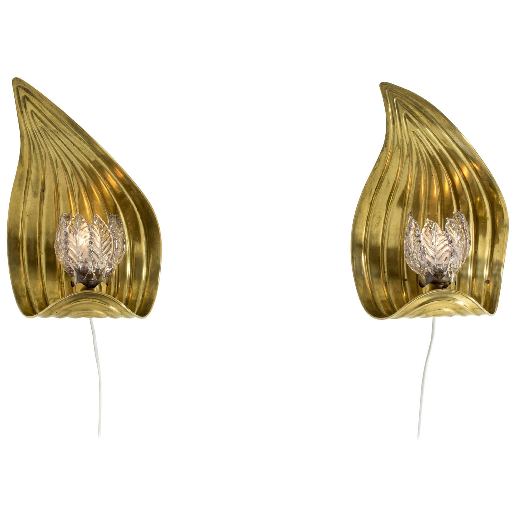 Pair of Glass and Brass Swedish Modern Wall Lights, 1940s
