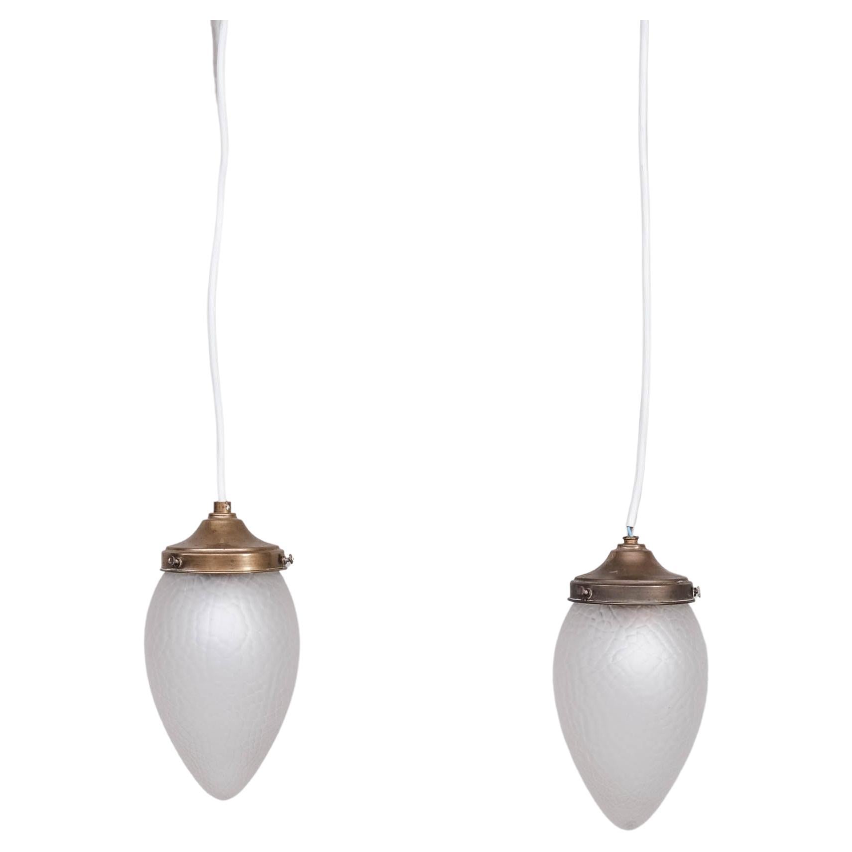 Pair of Glass and Brass Swedish Pendant Lights For Sale