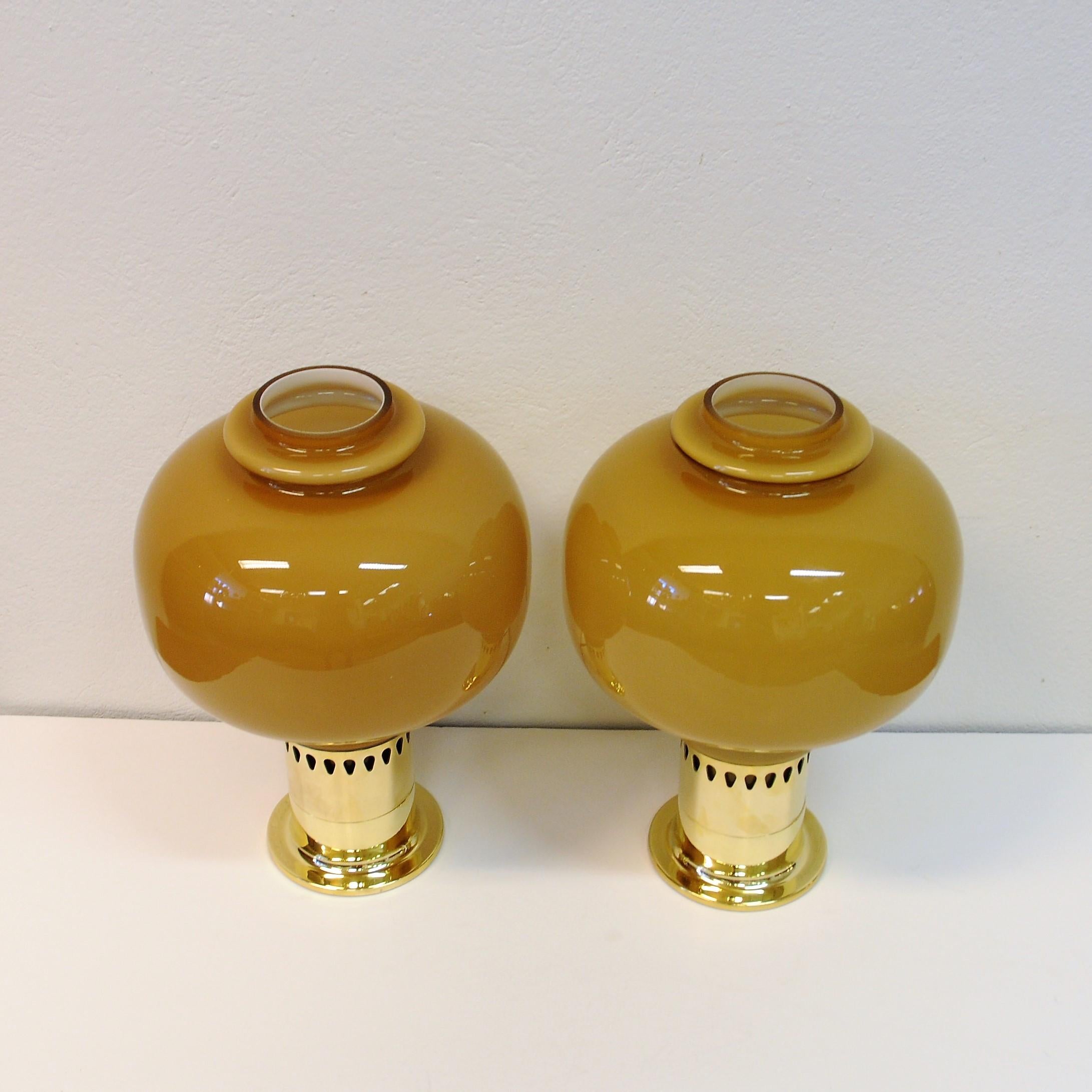 Scandinavian Modern Pair of Glass and Brass Table Lamps 1960s with Brown Glass Shades by Haj, Sweden