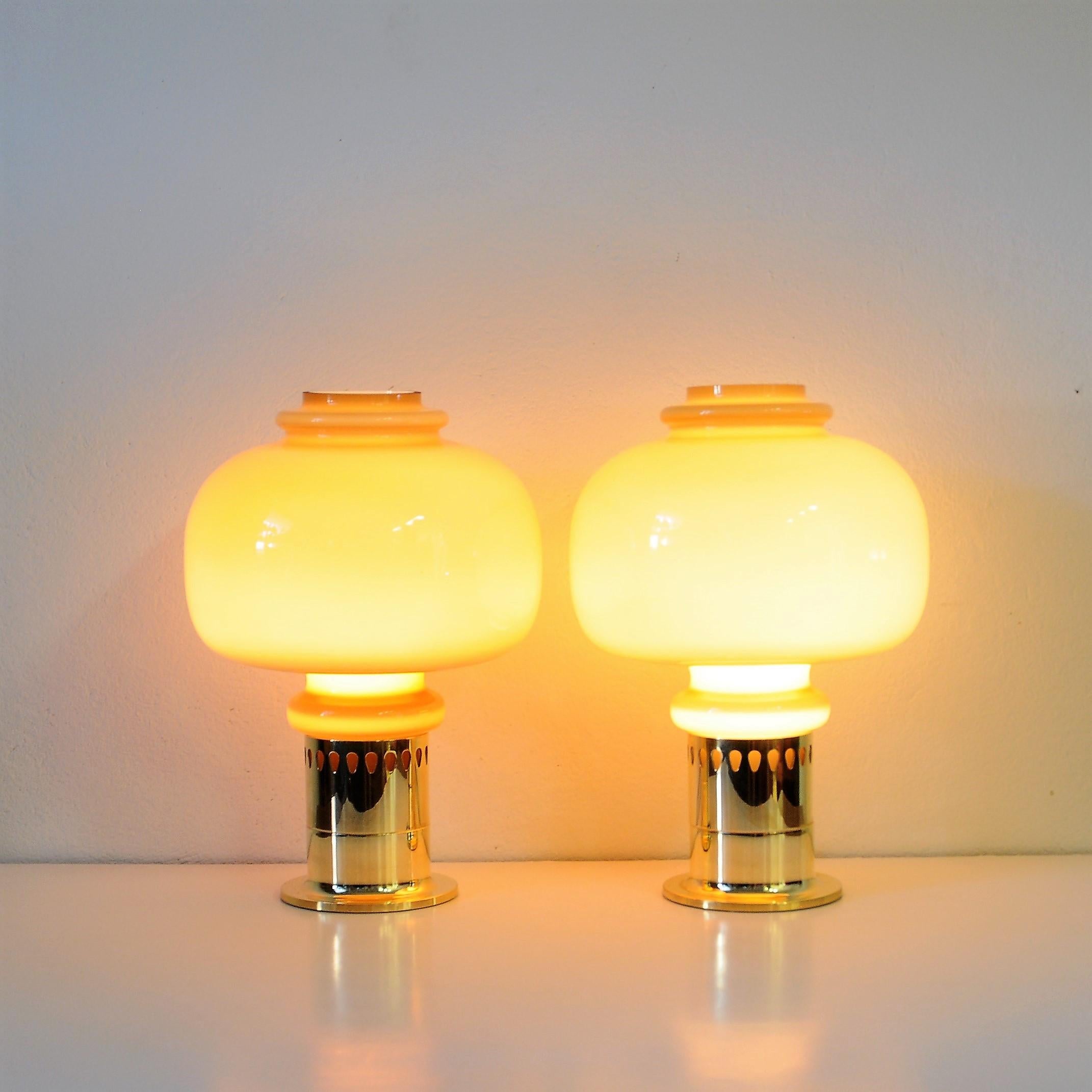 Swedish Pair of Glass and Brass Table Lamps 1960s with Brown Glass Shades by Haj, Sweden