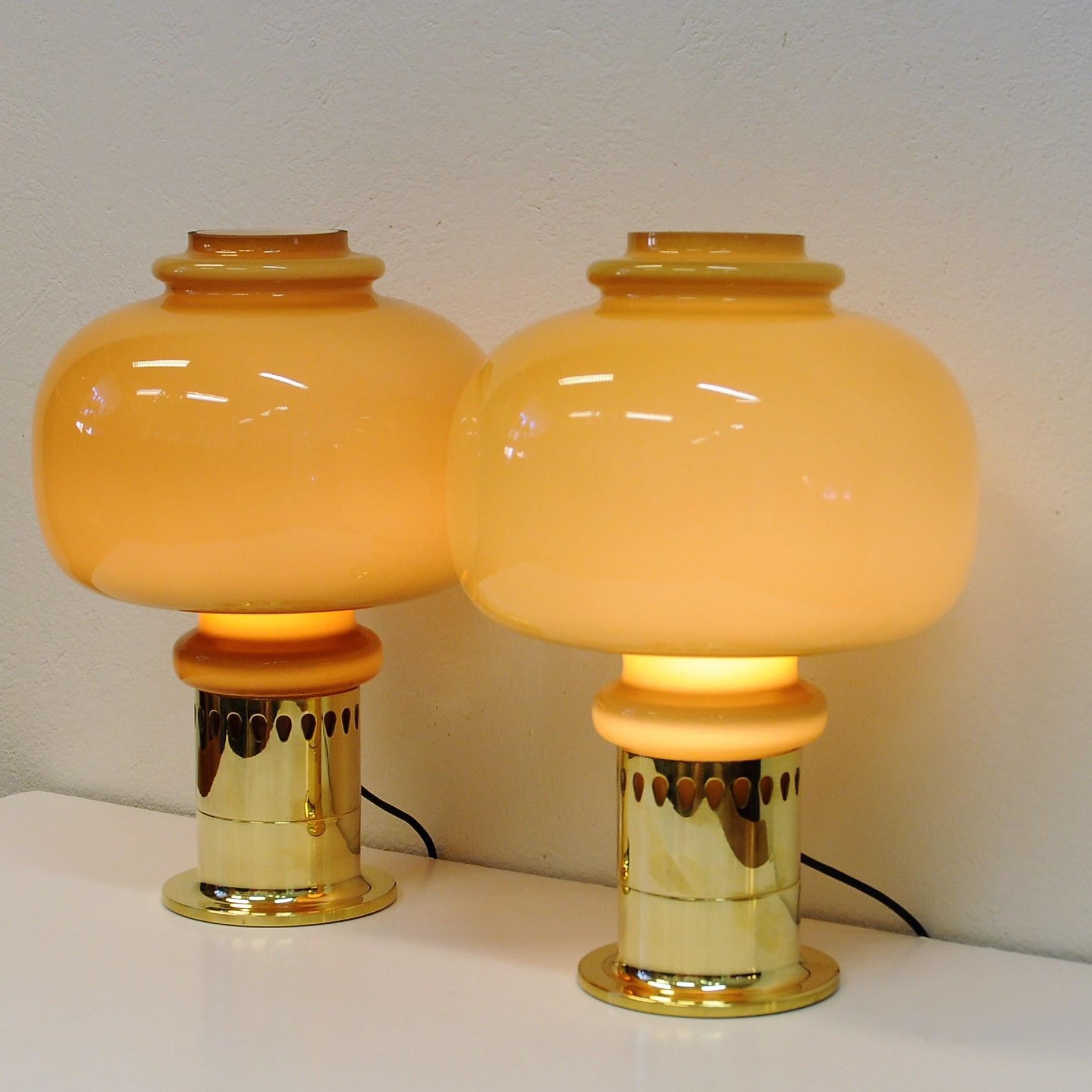 Mid-20th Century Pair of Glass and Brass Table Lamps 1960s with Brown Glass Shades by Haj, Sweden