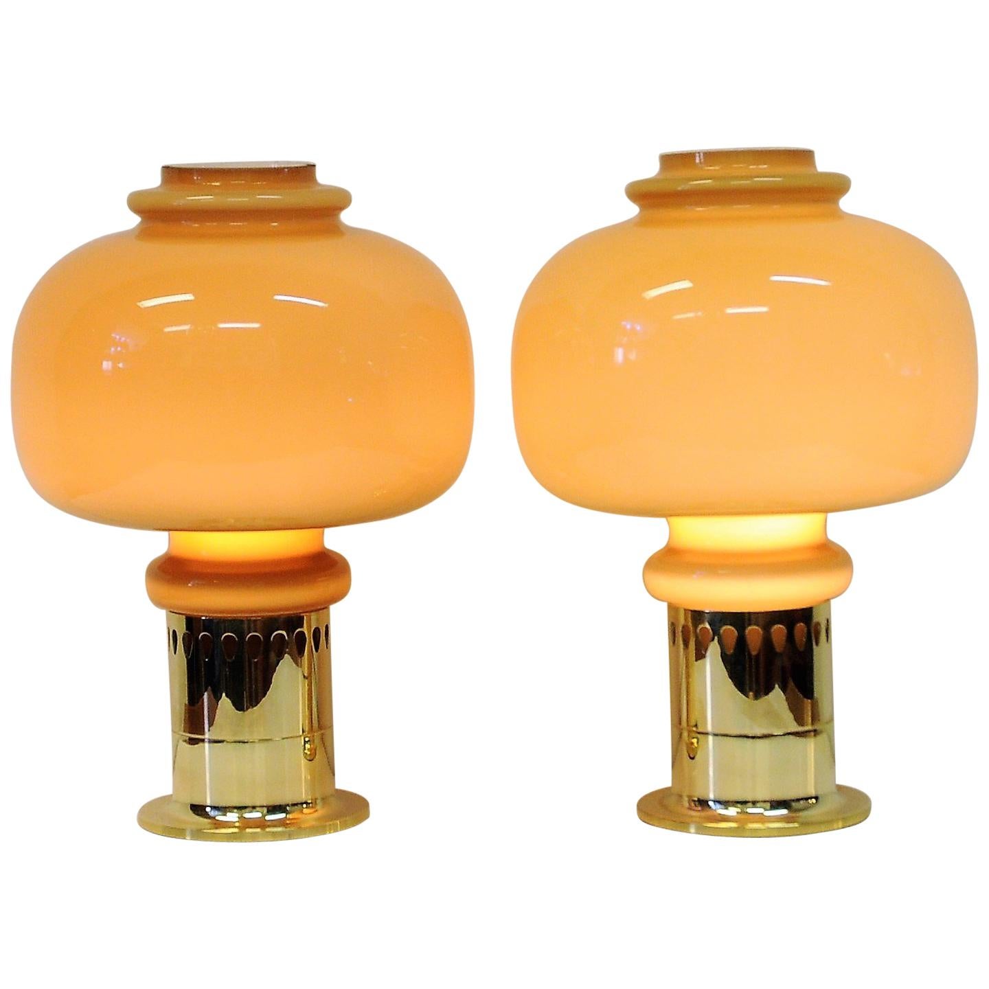 Pair of Glass and Brass Table Lamps 1960s with Brown Glass Shades by Haj, Sweden