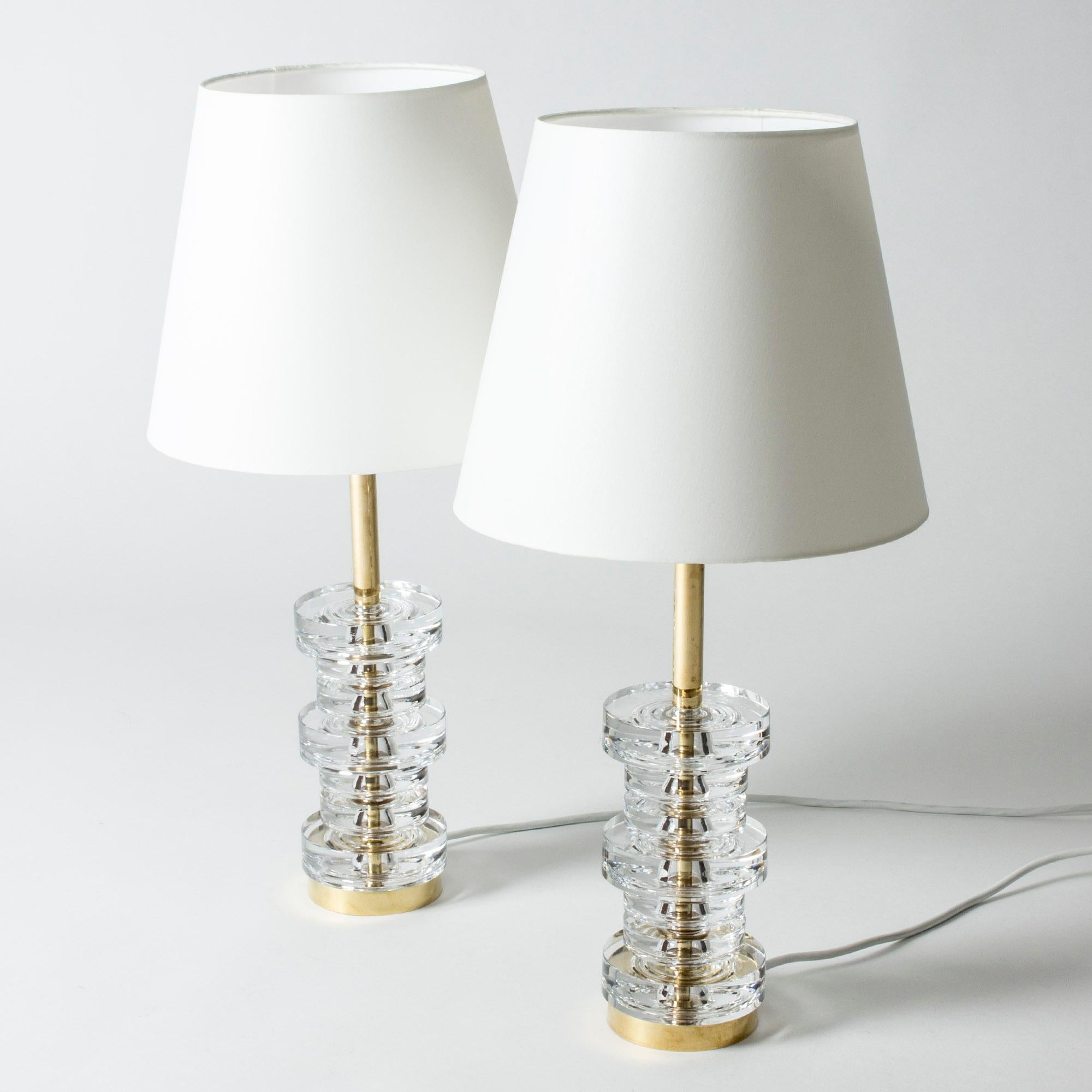 Mid-Century Modern Pair of Glass and Brass Table Lamps by Carl Fagerlund for Orrefors, Sweden