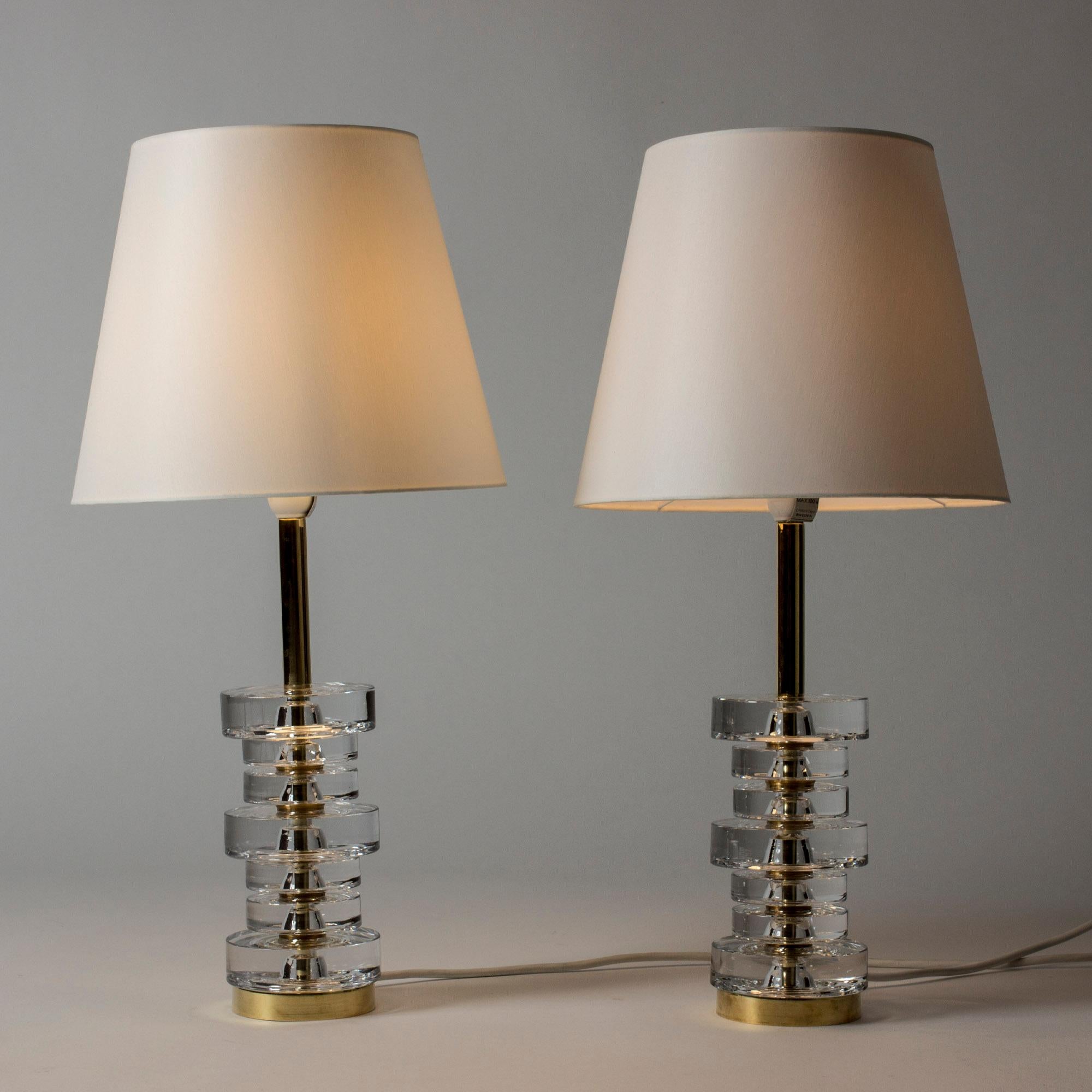 Swedish Pair of Glass and Brass Table Lamps by Carl Fagerlund for Orrefors, Sweden