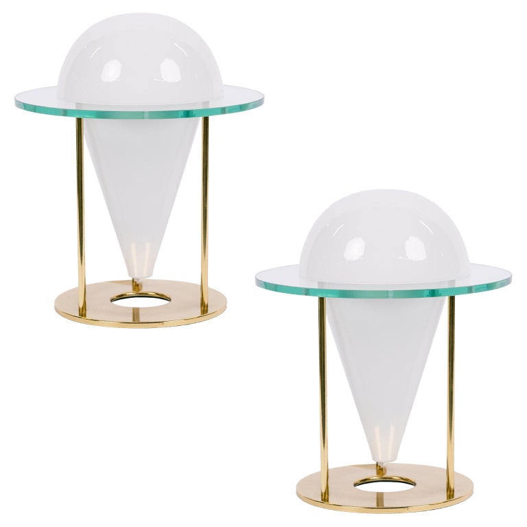 Pair of Glass and Brass Table Lamps by Cinquanta For Sale
