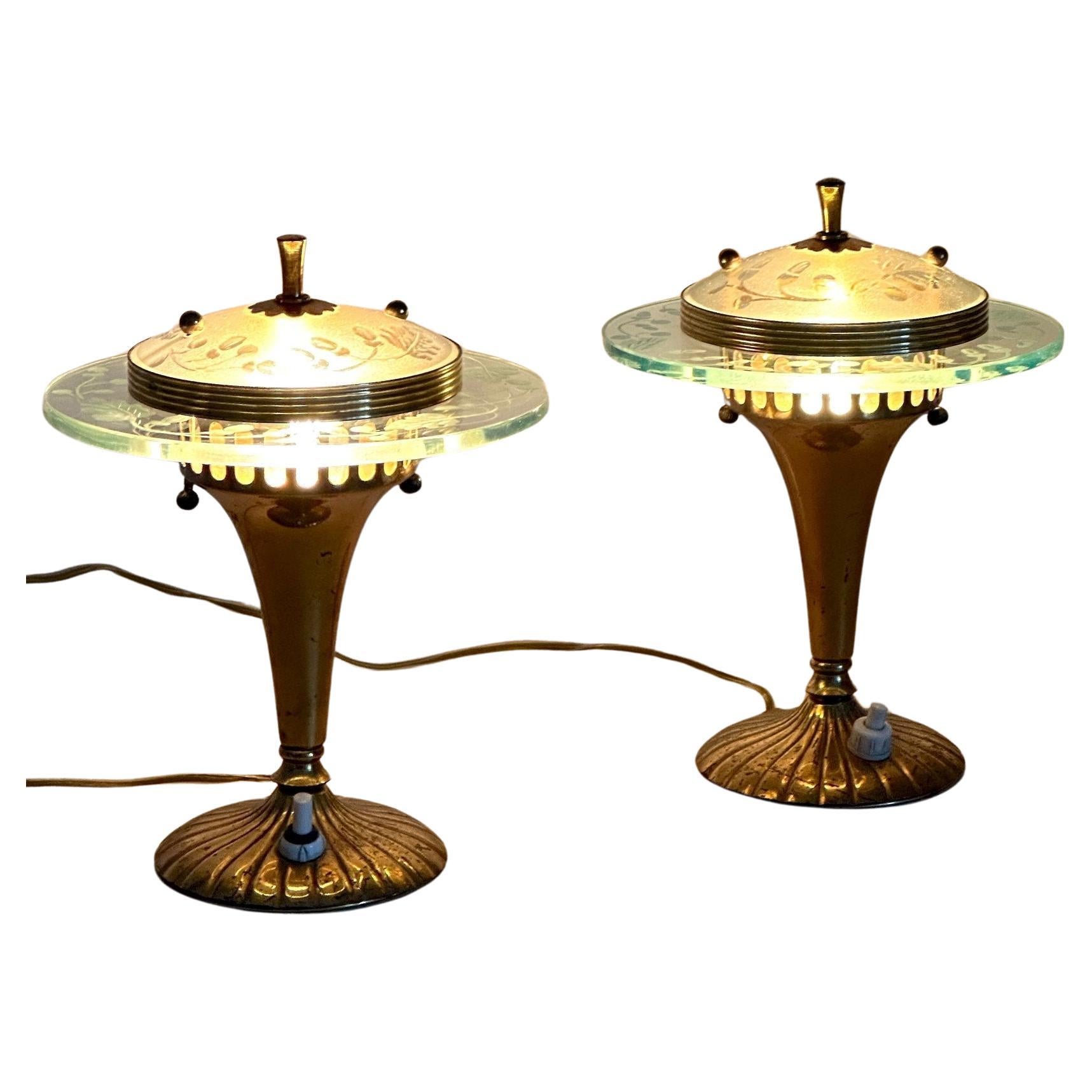 Pair of Glass and Brass Table Lamps by Pietro Chiesa for Fontana Arte
