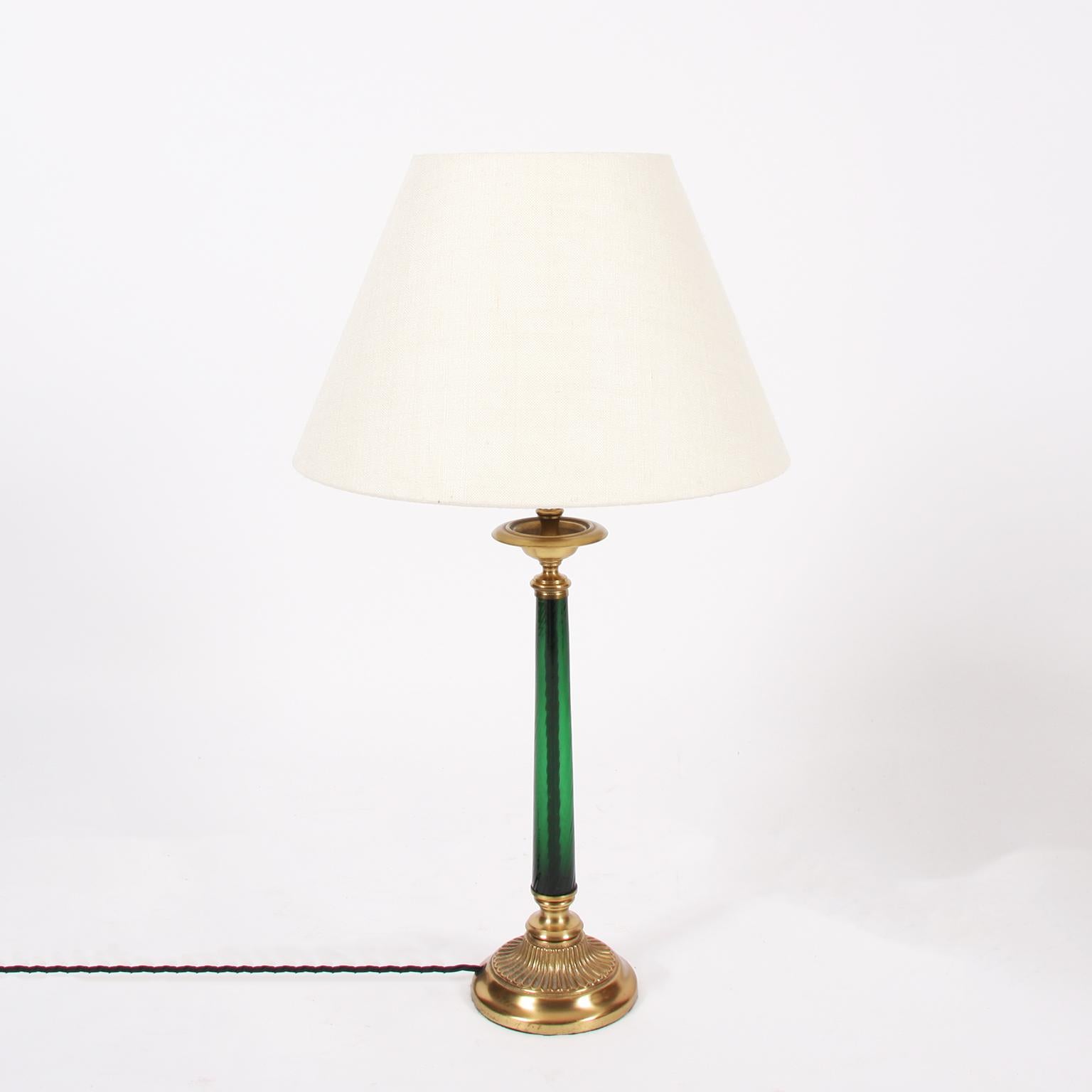 French Pair of Glass and Brass Table Lamps