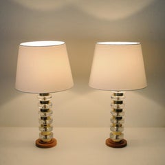 Pair of Glass and Brass Table Lamps on a Teak Foot, Sweden