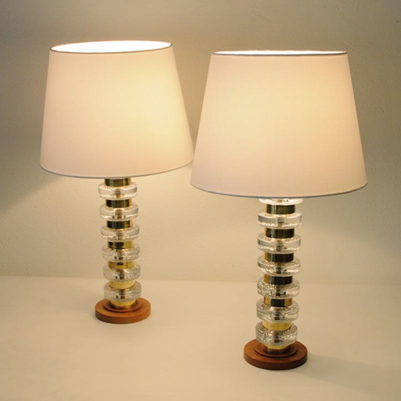 Scandinavian Modern Pair of Glass and Brass Table Lamps on a Teak Foot, Sweden