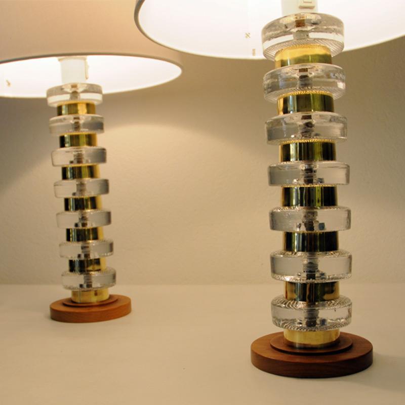 Swedish Pair of Glass and Brass Table Lamps on a Teak Foot, Sweden