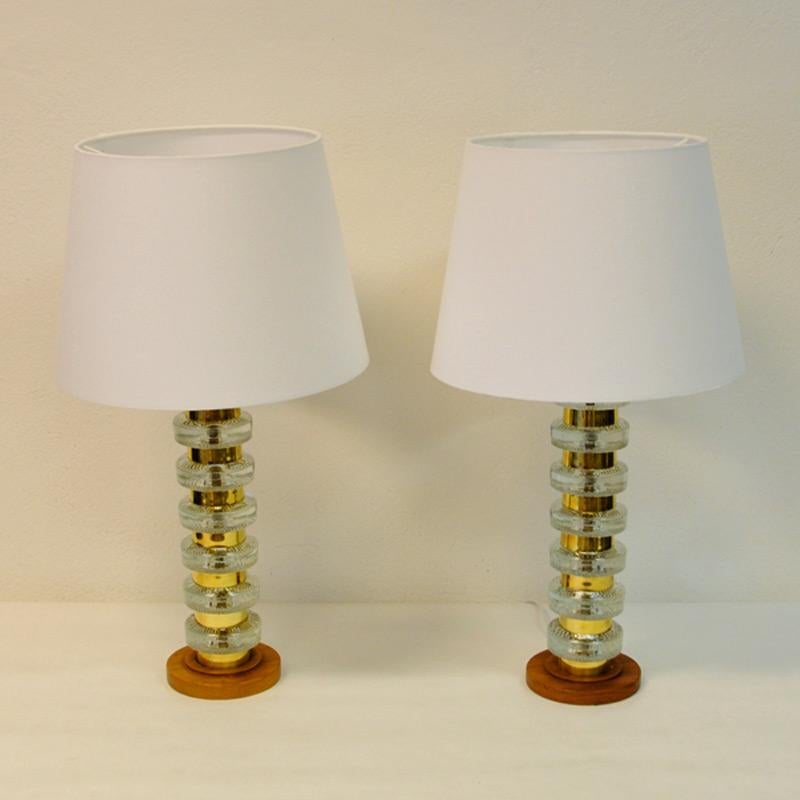 Pair of Glass and Brass Table Lamps on a Teak Foot, Sweden In Good Condition In Stockholm, SE