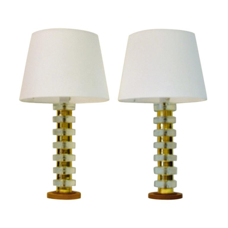 Pair of Glass and Brass Table Lamps on a Teak Foot, Sweden