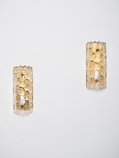 Pair of Glass and Brass Wall Lights by Carl Fagerlund, Orrefors, Sweden, 1970s