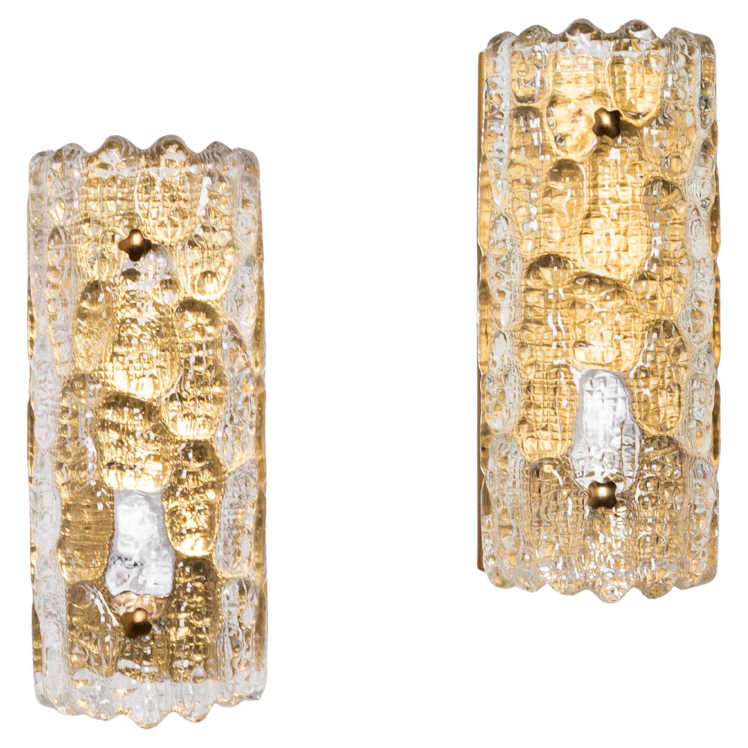 Pair of Glass and Brass Wall Lights by Carl Fagerlund, Orrefors, Sweden, 1970s en venta