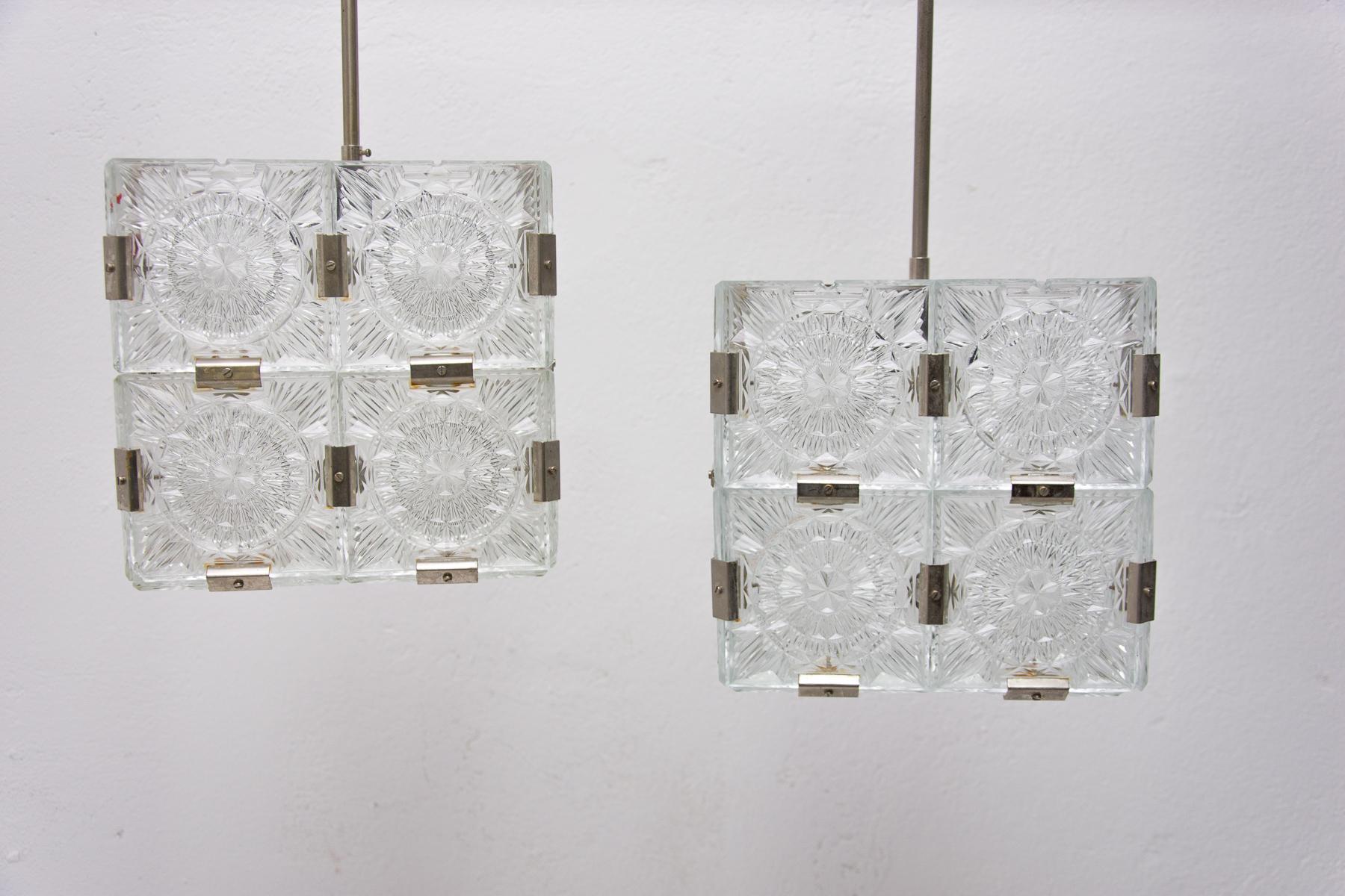 Pair of Glass and Chromed Steel Pendant Lamps by Kamenický Šenov, 1970s For Sale 5