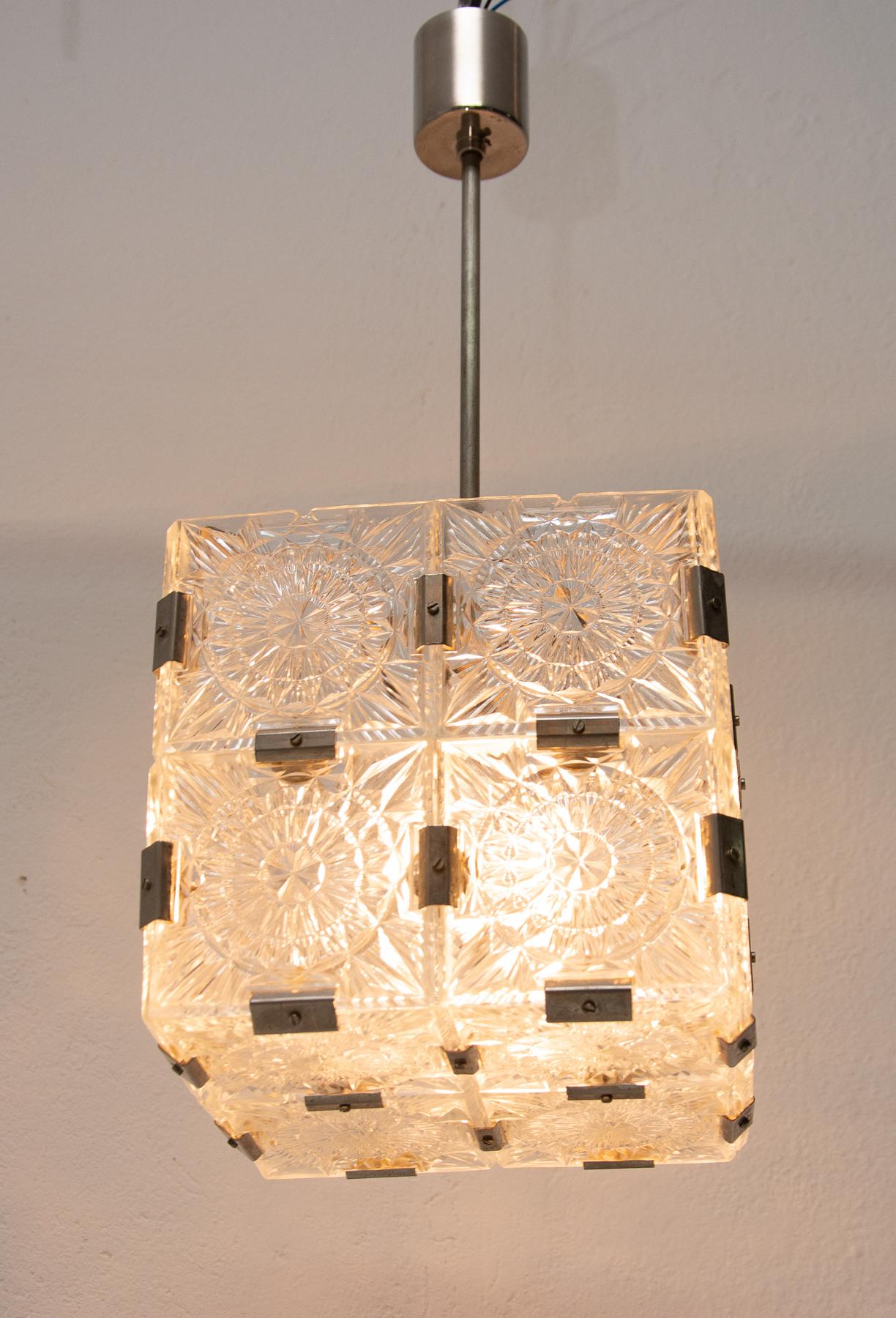 Mid-Century Modern Pair of Glass and Chromed Steel Pendant Lamps by Kamenický Šenov, 1970s For Sale