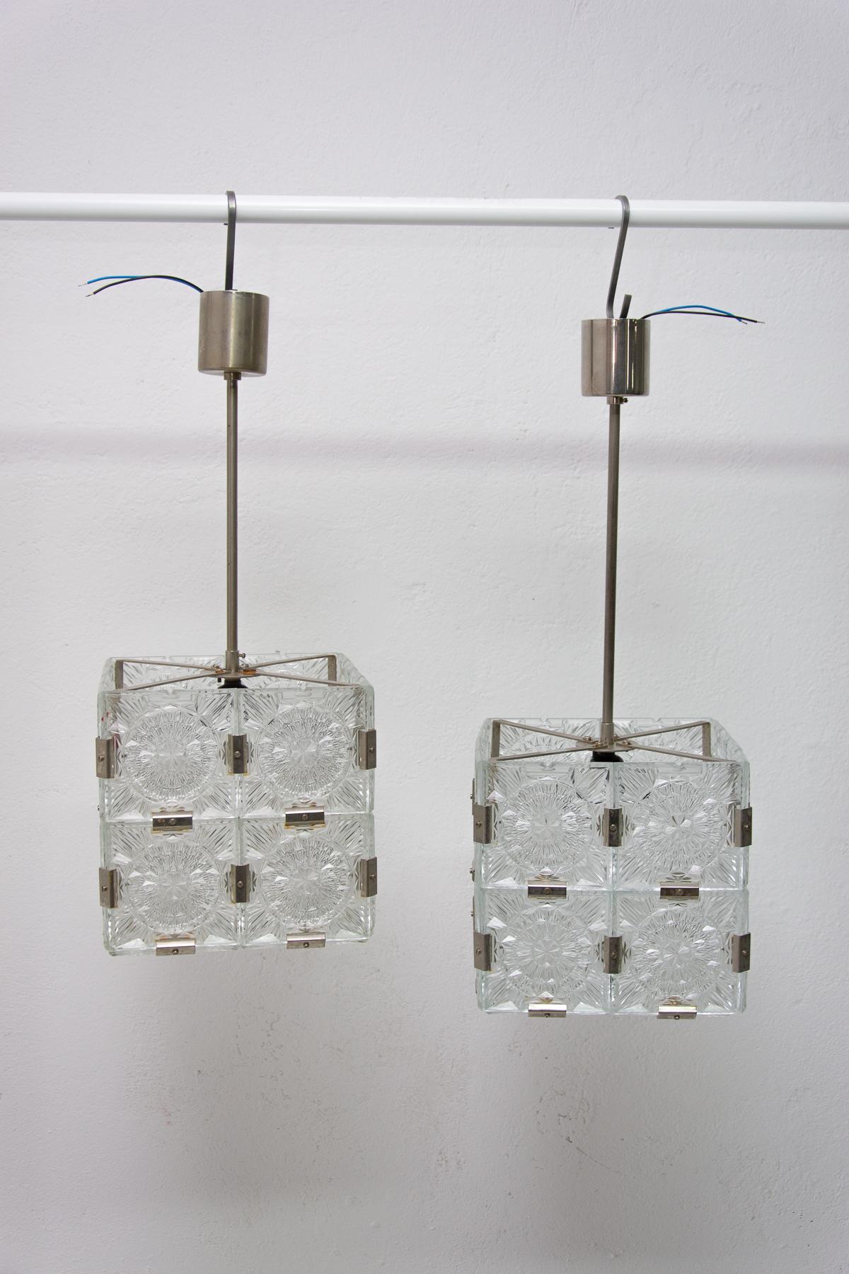 Pair of Glass and Chromed Steel Pendant Lamps by Kamenický Šenov, 1970s In Good Condition For Sale In Prague 8, CZ