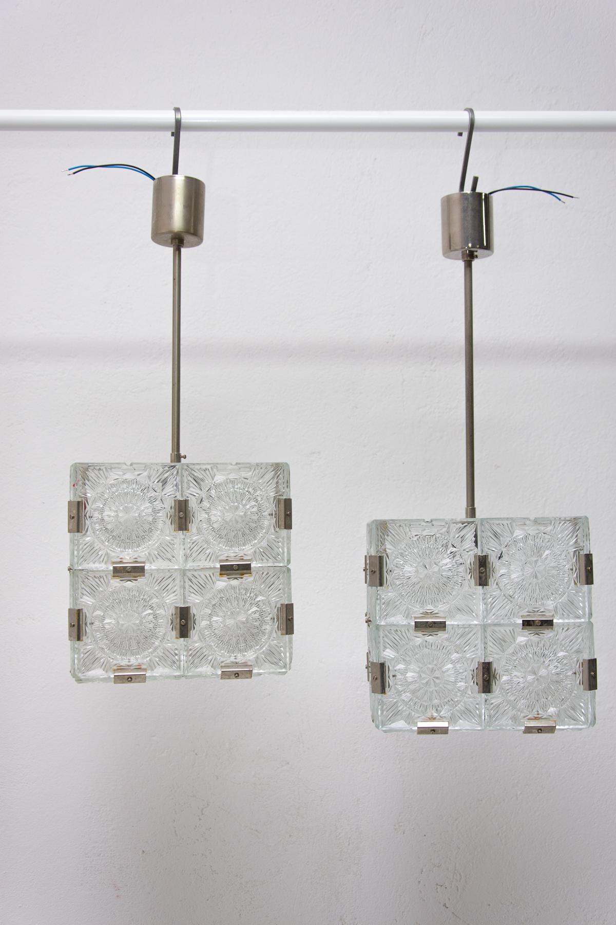 Late 20th Century Pair of Glass and Chromed Steel Pendant Lamps by Kamenický Šenov, 1970s For Sale