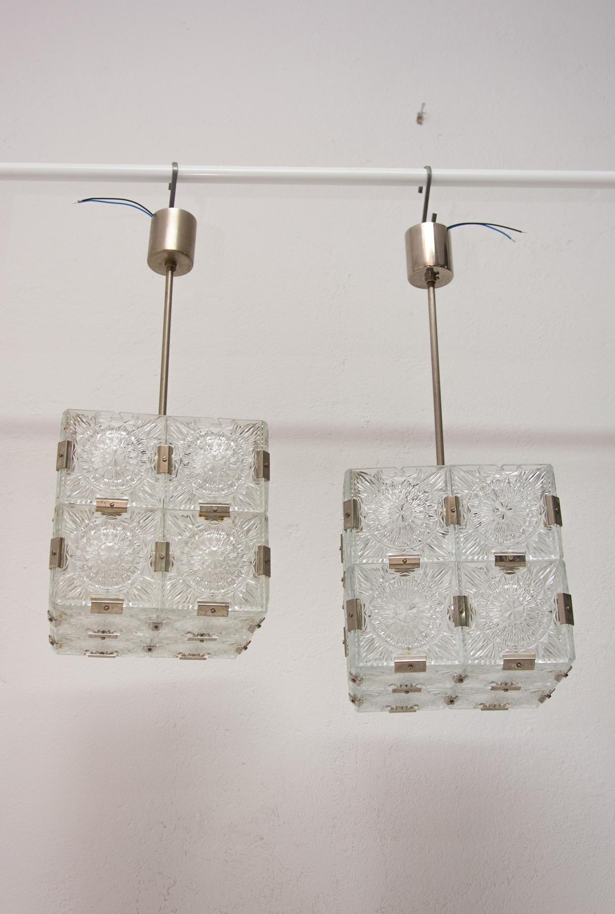 Metal Pair of Glass and Chromed Steel Pendant Lamps by Kamenický Šenov, 1970s For Sale