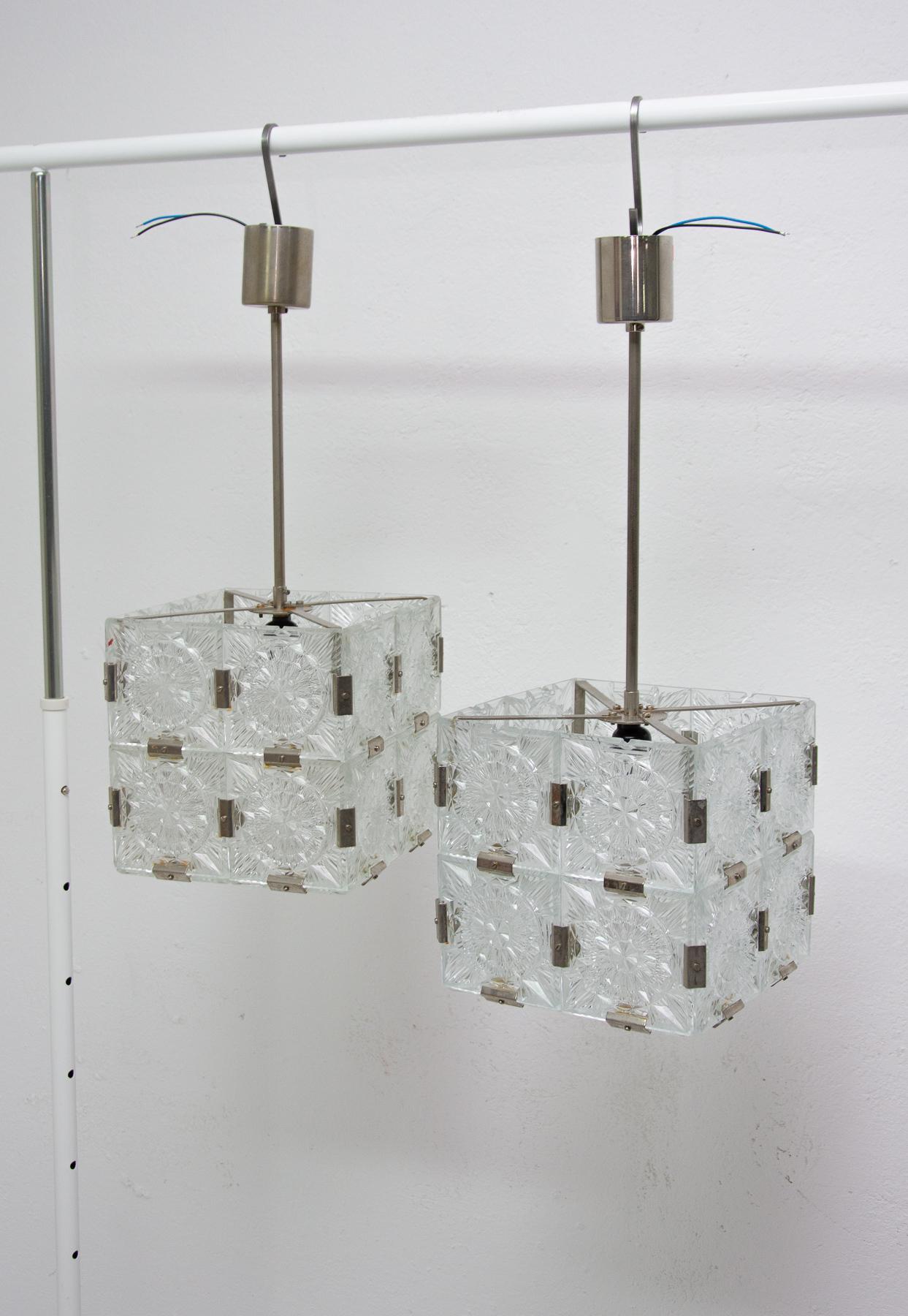 Pair of Glass and Chromed Steel Pendant Lamps by Kamenický Šenov, 1970s For Sale 1