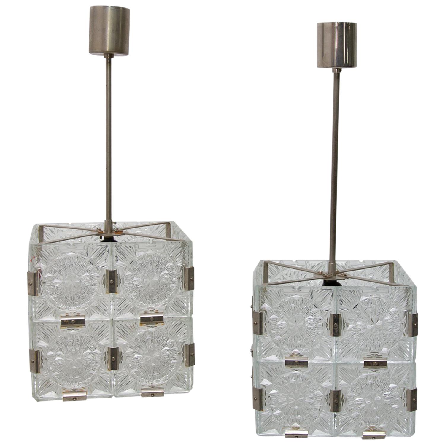 Pair of Glass and Chromed Steel Pendant Lamps by Kamenický Šenov, 1970s