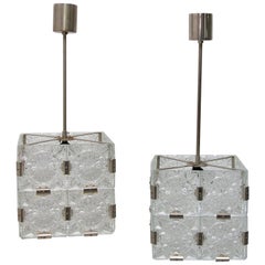 Pair of Glass and Chromed Steel Pendant Lamps by Kamenický Šenov, 1970s
