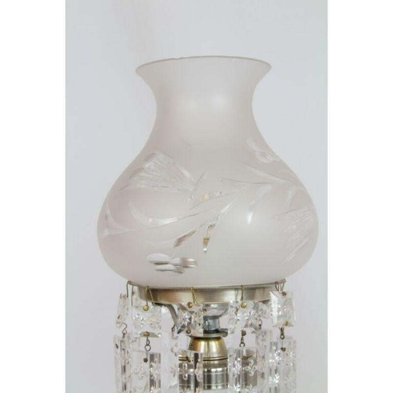 Pair of Glass and Crystal Converted Oil Lamps with Original Cut Glass Shades In Good Condition For Sale In Canton, MA