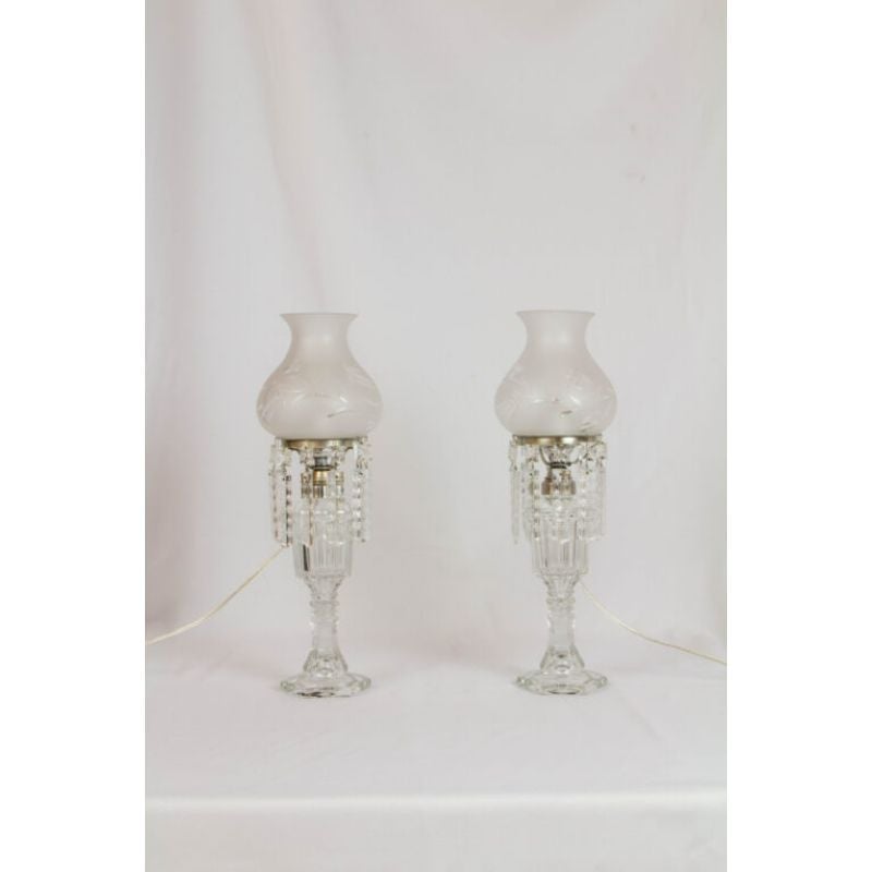 Pair of Glass and Crystal Converted Oil Lamps with Original Cut Glass Shades For Sale