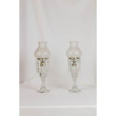 Pair of Glass and Crystal Converted Oil Lamps with Original Cut Glass Shades