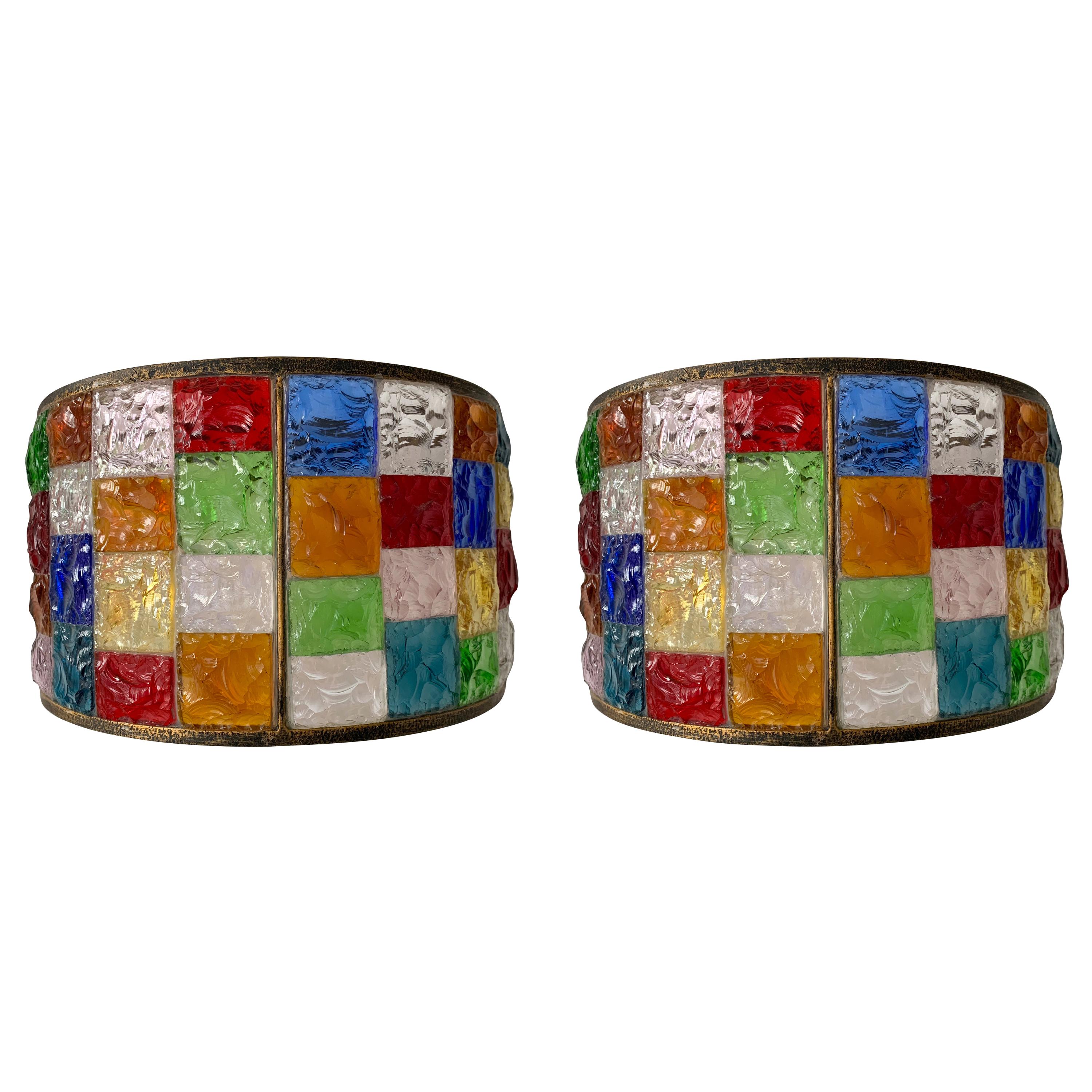 Pair of Glass and Gilt Iron Checkerboard Sconces by Longobard, Italy, 1970s For Sale