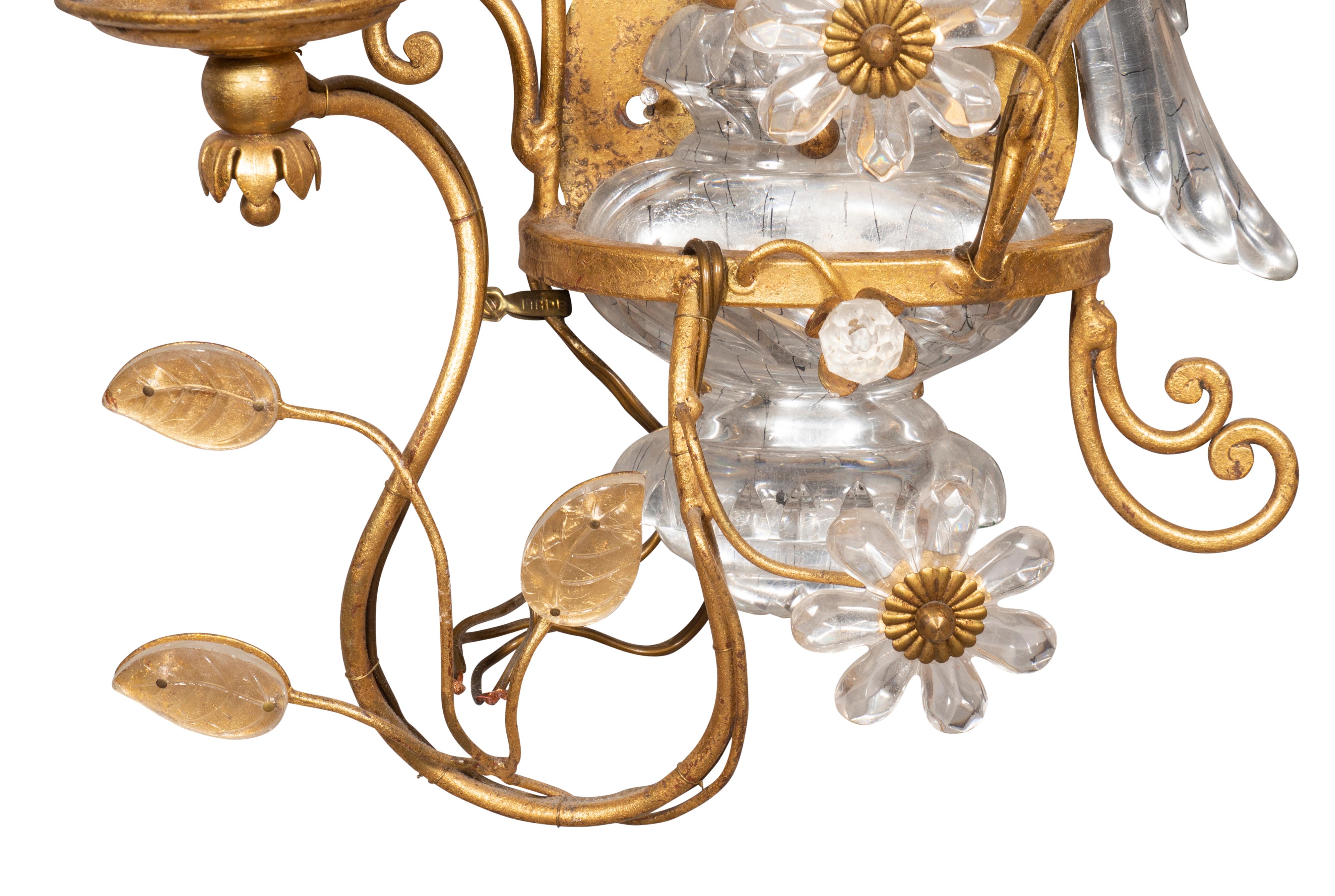 Pair of Glass and Gilt Metal Parrot Wall Sconces in the Manner of Bagues For Sale 7