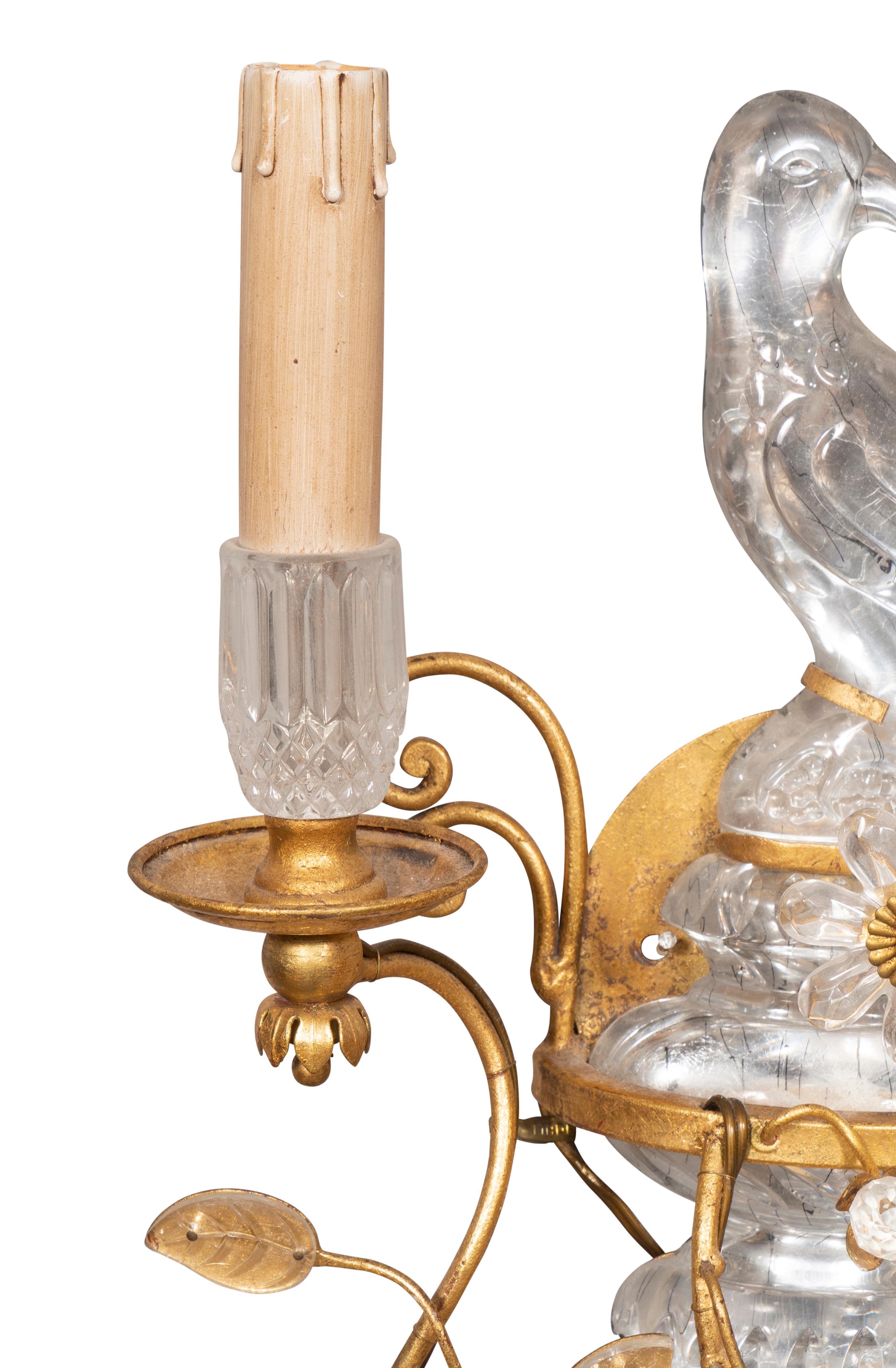 Pair of Glass and Gilt Metal Parrot Wall Sconces in the Manner of Bagues For Sale 8