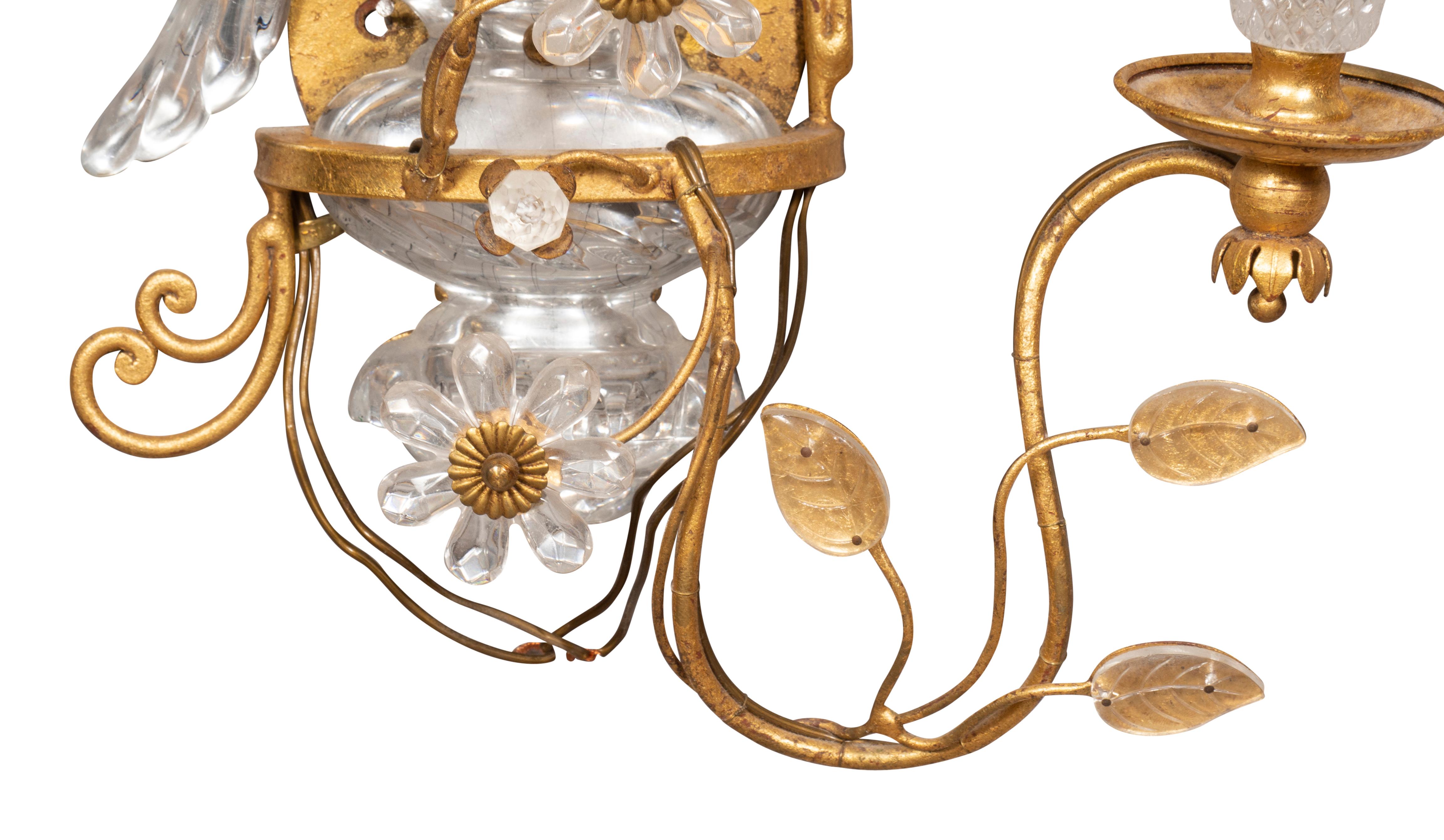 Pair of Glass and Gilt Metal Parrot Wall Sconces in the Manner of Bagues For Sale 12