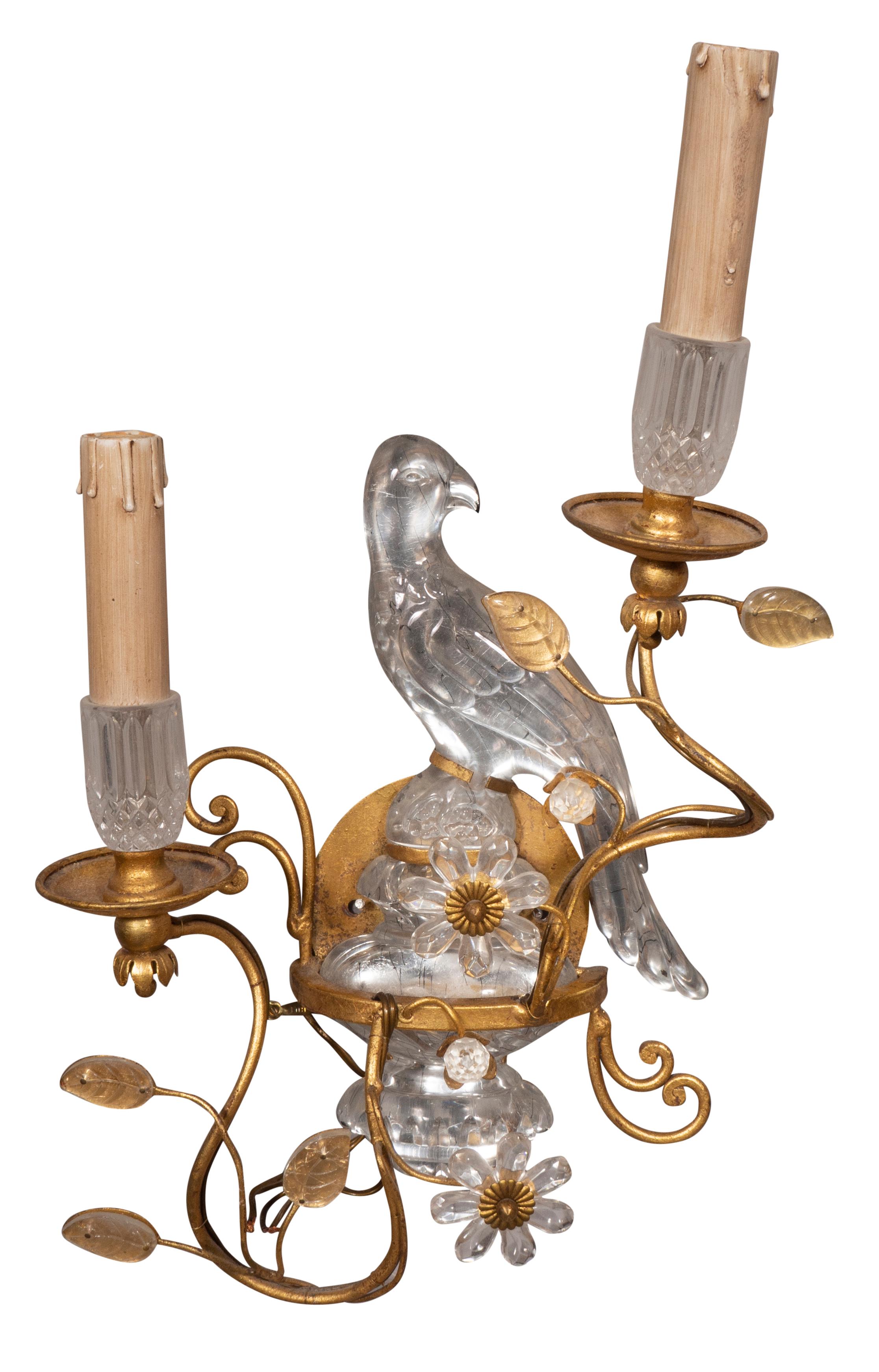 Art Deco Pair of Glass and Gilt Metal Parrot Wall Sconces in the Manner of Bagues For Sale