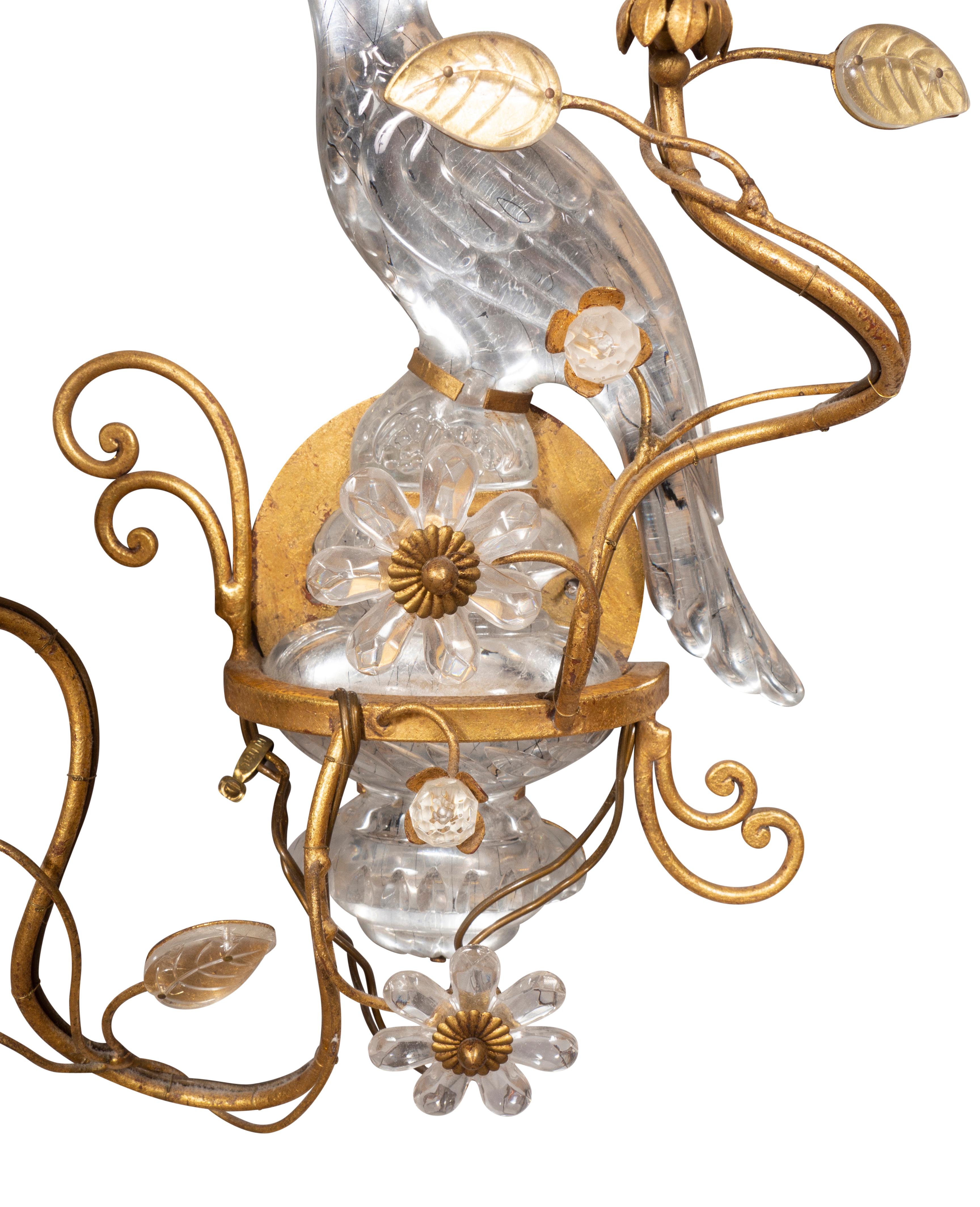 European Pair of Glass and Gilt Metal Parrot Wall Sconces in the Manner of Bagues For Sale