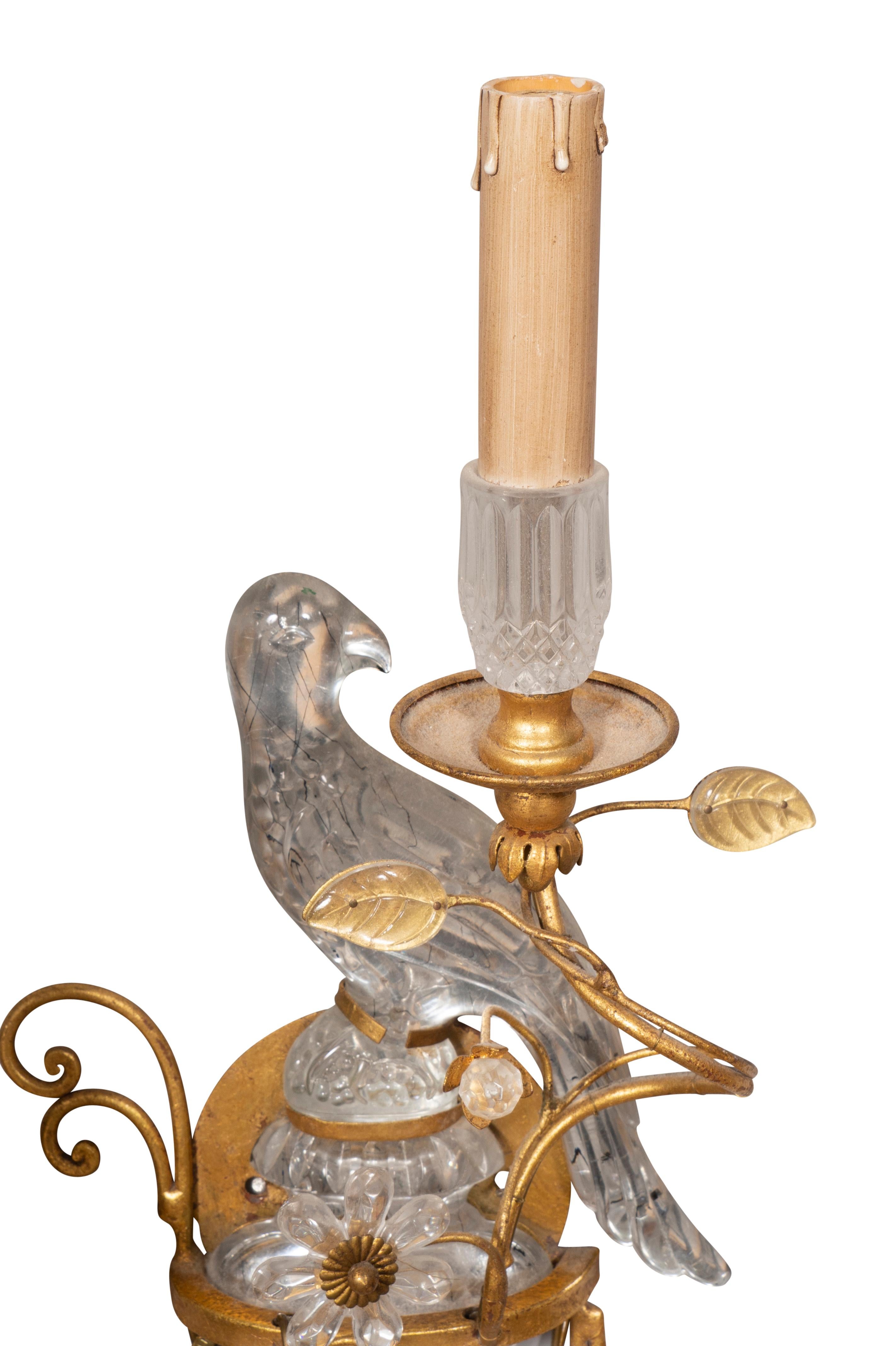 Pair of Glass and Gilt Metal Parrot Wall Sconces in the Manner of Bagues For Sale 1