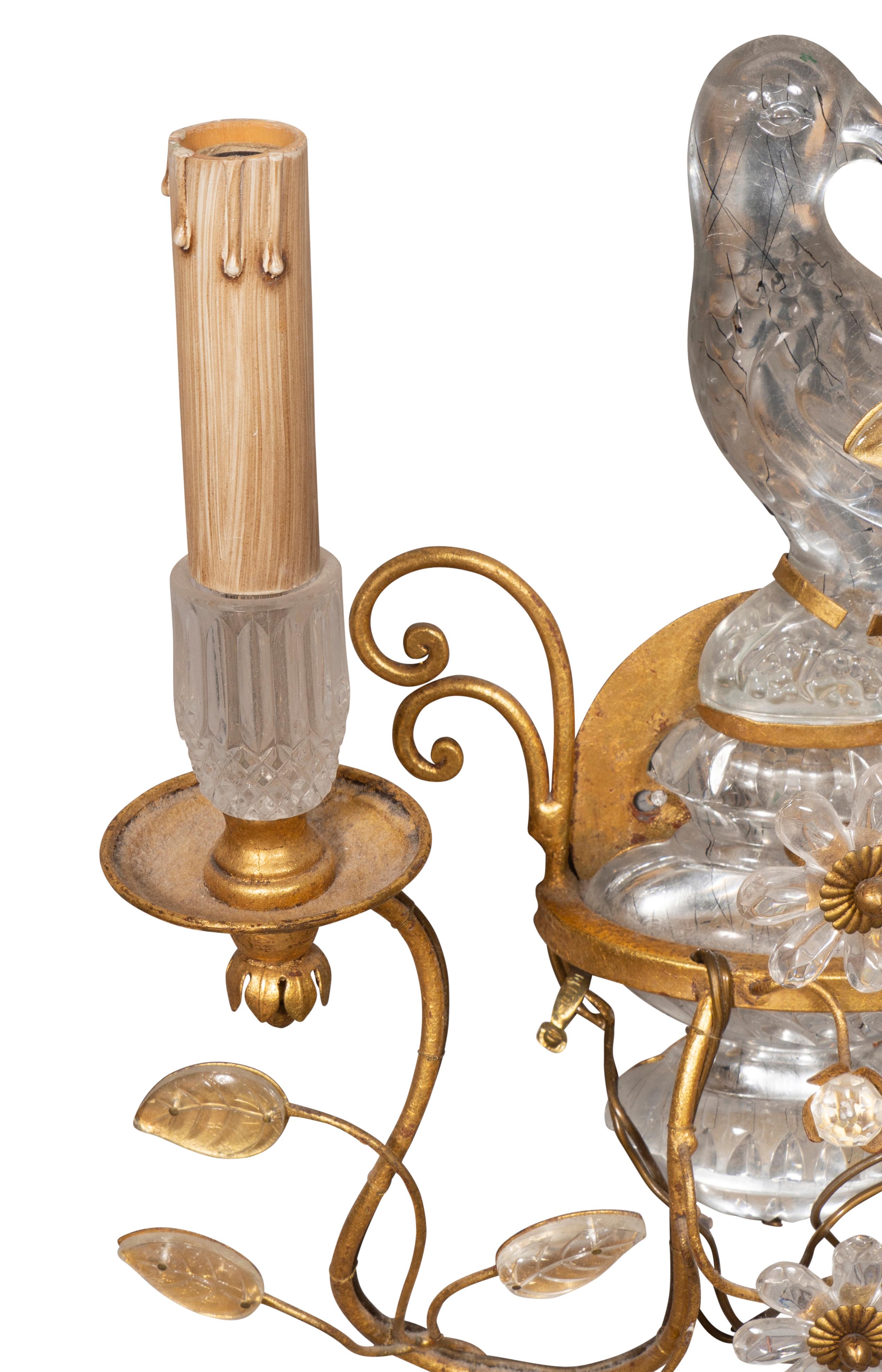 Pair of Glass and Gilt Metal Parrot Wall Sconces in the Manner of Bagues For Sale 2